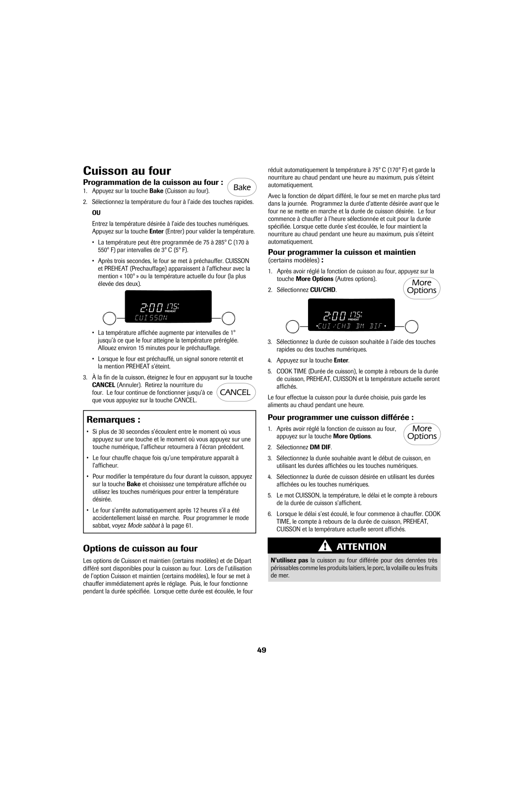 Jenn-Air air filter Cuisson au four, Options de cuisson au four, Programmation de la cuisson au four 