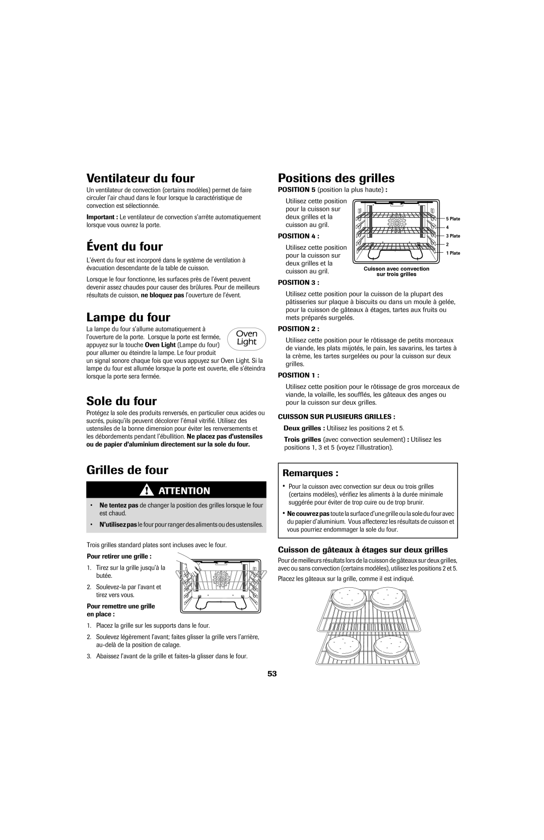 Jenn-Air air filter Ventilateur du four, Évent du four, Lampe du four, Sole du four, Positions des grilles 