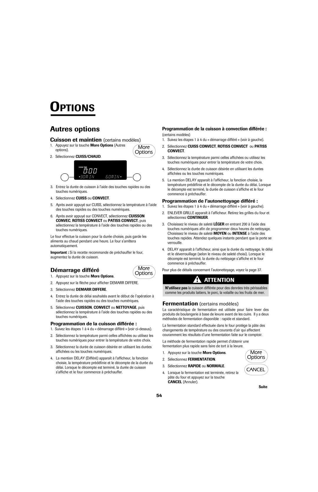 Jenn-Air air filter important safety instructions Autres options, Cuisson et maintien certains modèles, Démarrage différé 