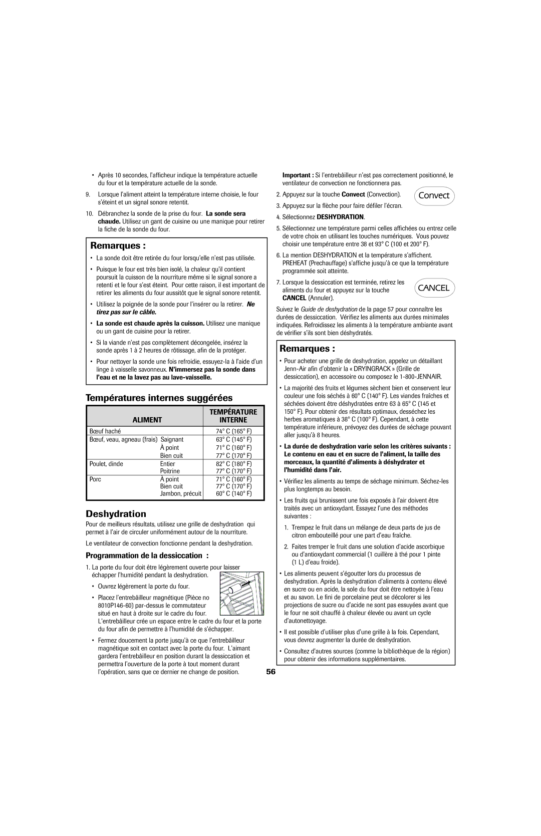 Jenn-Air air filter Températures internes suggérées, Deshydration, Programmation de la dessiccation 