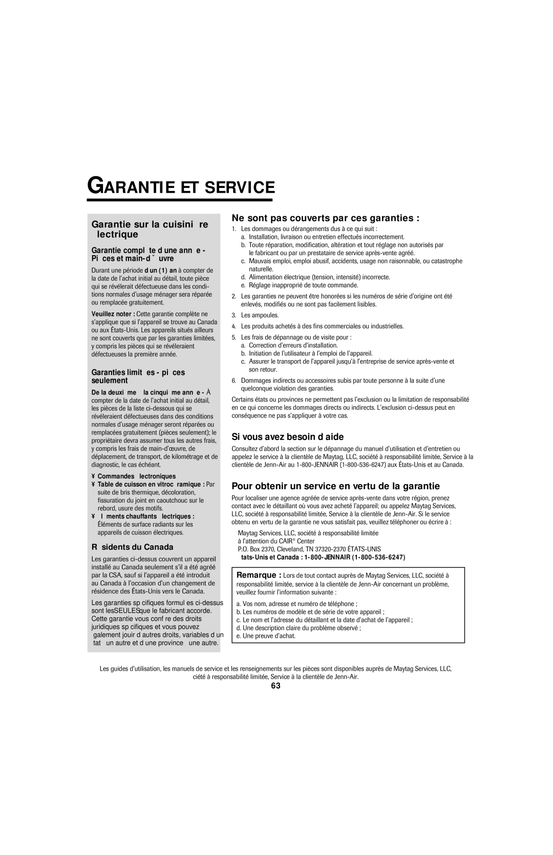 Jenn-Air air filter Garantie ET Service, Garantie sur la cuisinière électrique, Ne sont pas couverts par ces garanties 