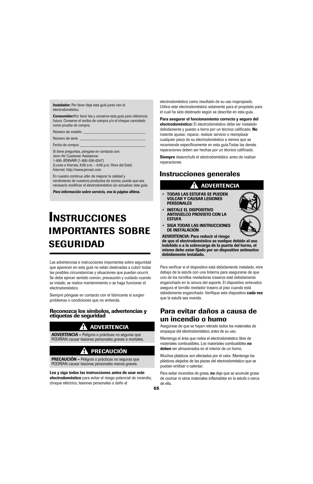 Jenn-Air air filter Instrucciones Importantes Sobre Seguridad, Instrucciones generales, Jennair 