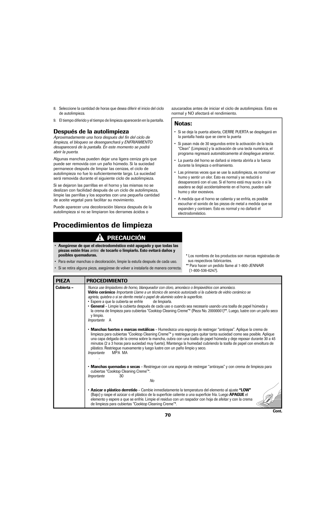 Jenn-Air air filter Procedimientos de limpieza, Después de la autolimpieza, Notas, Pieza Procedimiento 