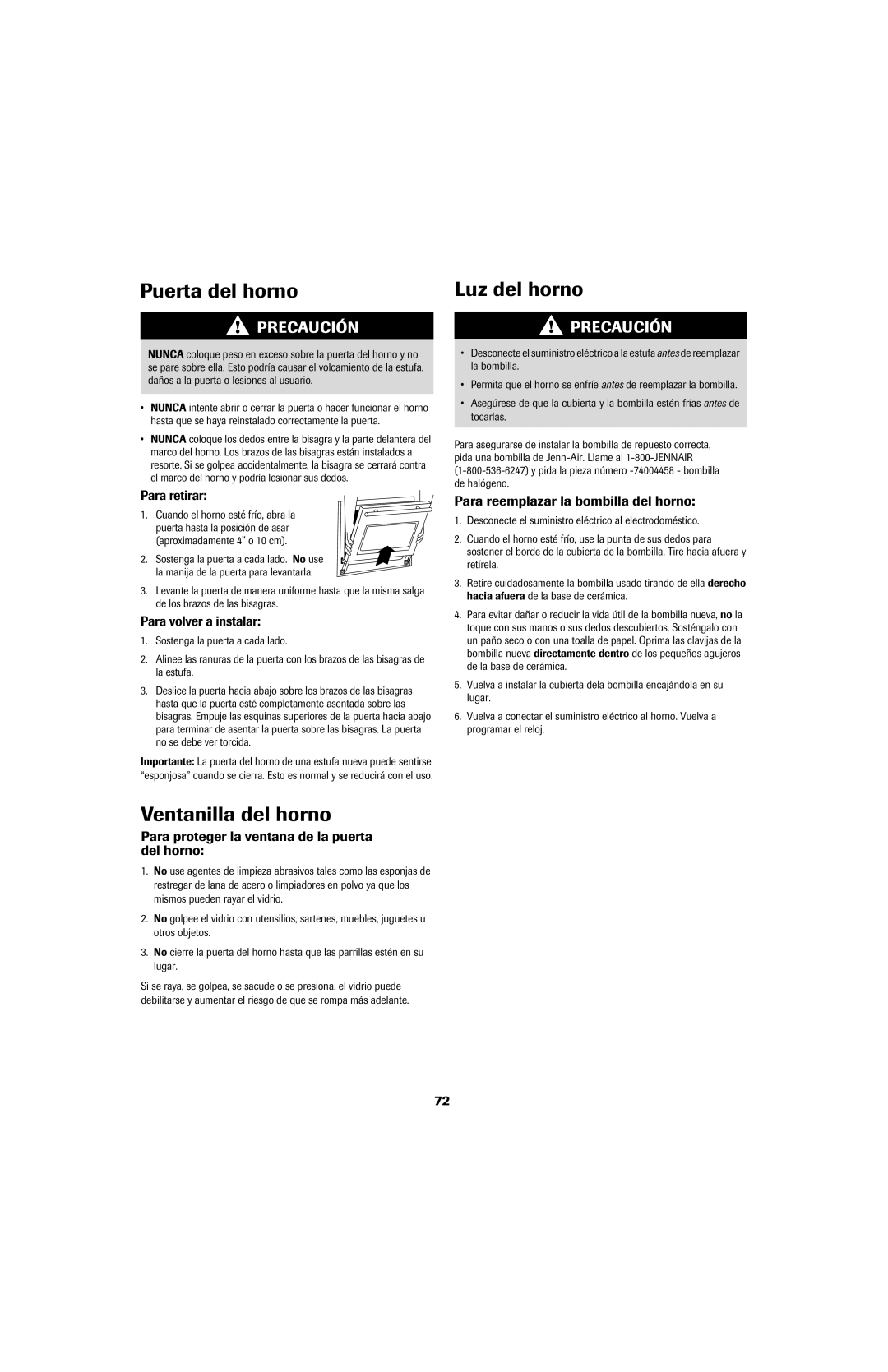 Jenn-Air air filter important safety instructions Puerta del horno, Ventanilla del horno, Luz del horno 