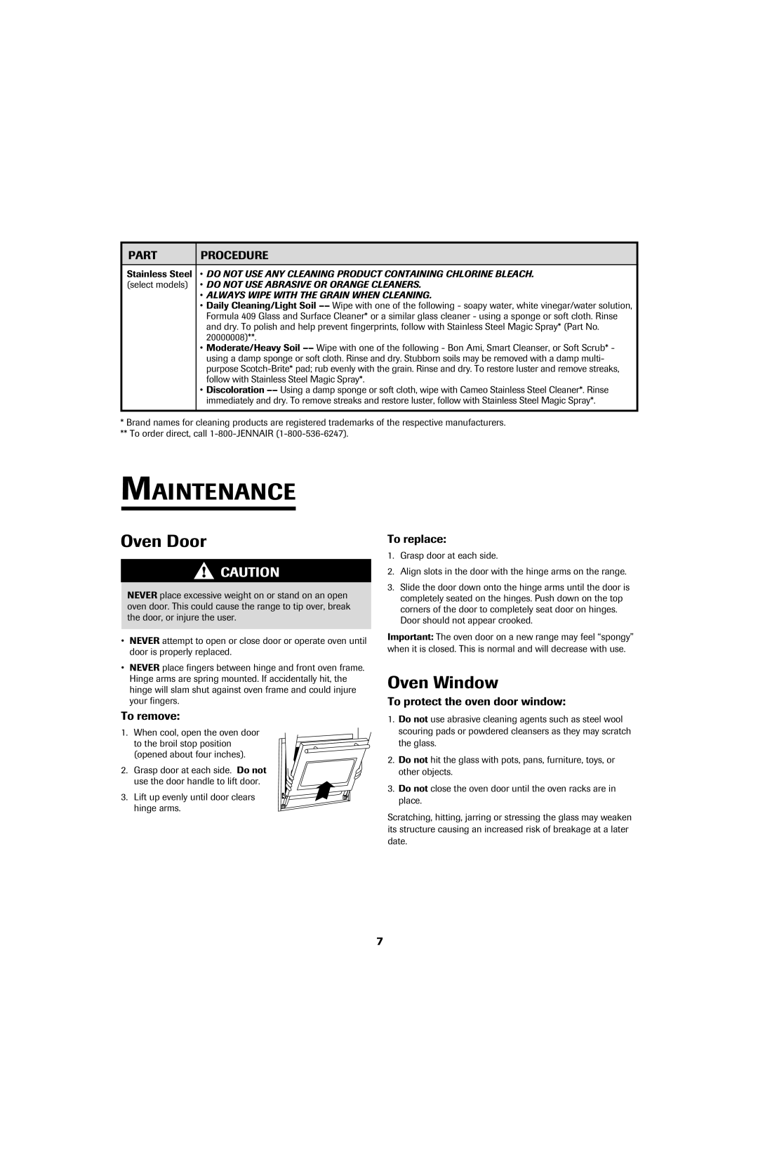 Jenn-Air air filter important safety instructions Maintenance, Oven Door, Oven Window 