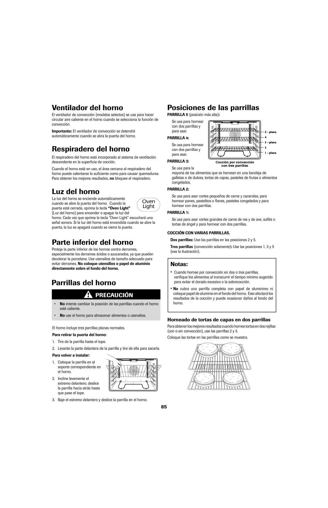 Jenn-Air air filter Ventilador del horno, Posiciones de las parrillas, Respiradero del horno, Parte inferior del horno 