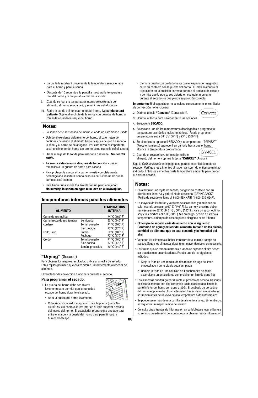 Jenn-Air air filter Temperaturas internas para los alimentos, Drying Secado, Para programar el secado, Alimento Interna 