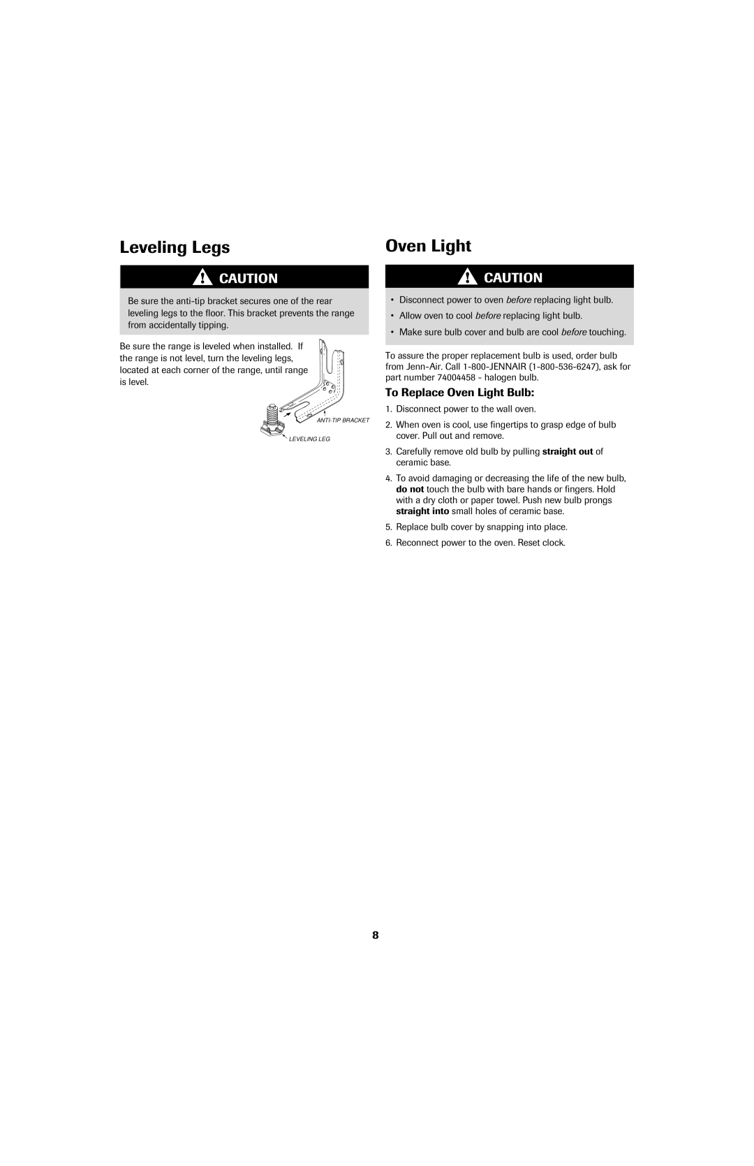 Jenn-Air air filter important safety instructions Leveling Legs, To Replace Oven Light Bulb 