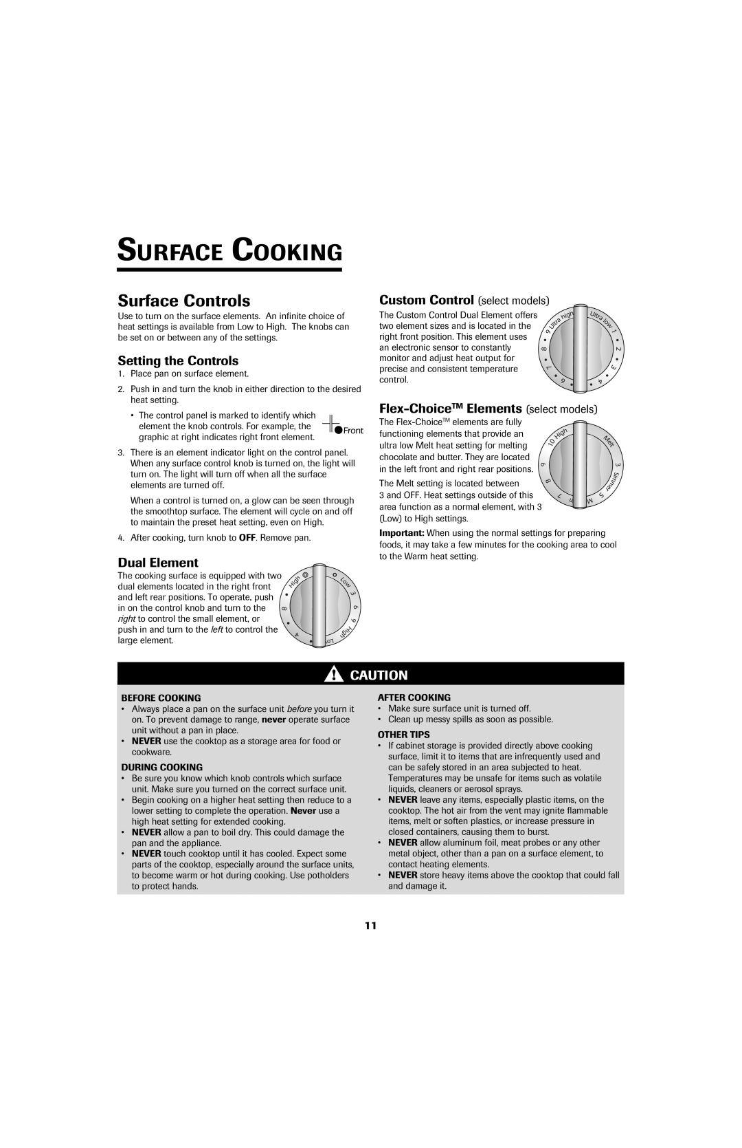 Jenn-Air air filter Surface Cooking, Surface Controls, Setting the Controls, Dual Element, Custom Control select models 