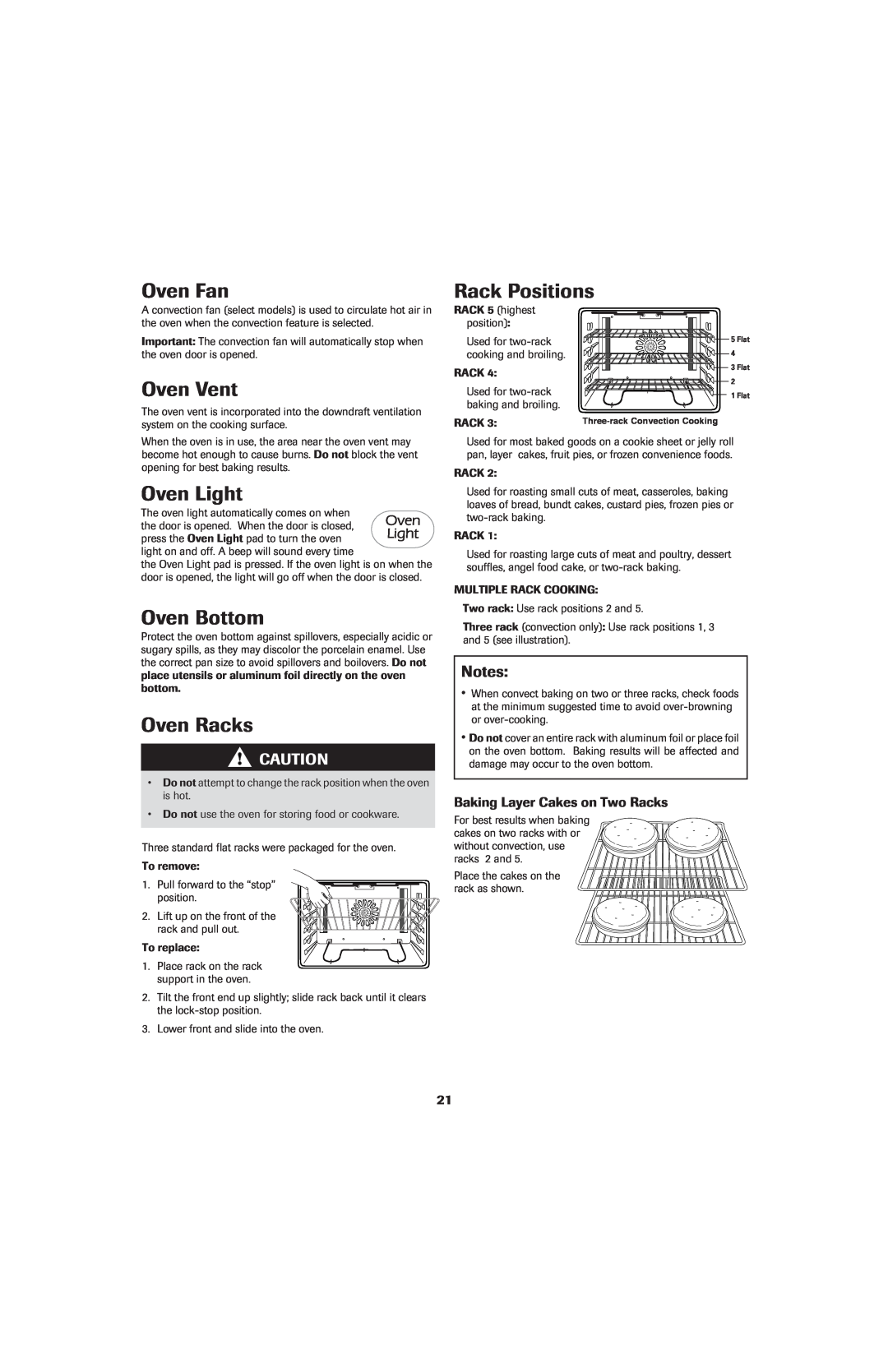 Jenn-Air air filter Oven Fan, Oven Vent, Oven Bottom, Oven Racks, Rack Positions, Baking Layer Cakes on Two Racks, Notes 