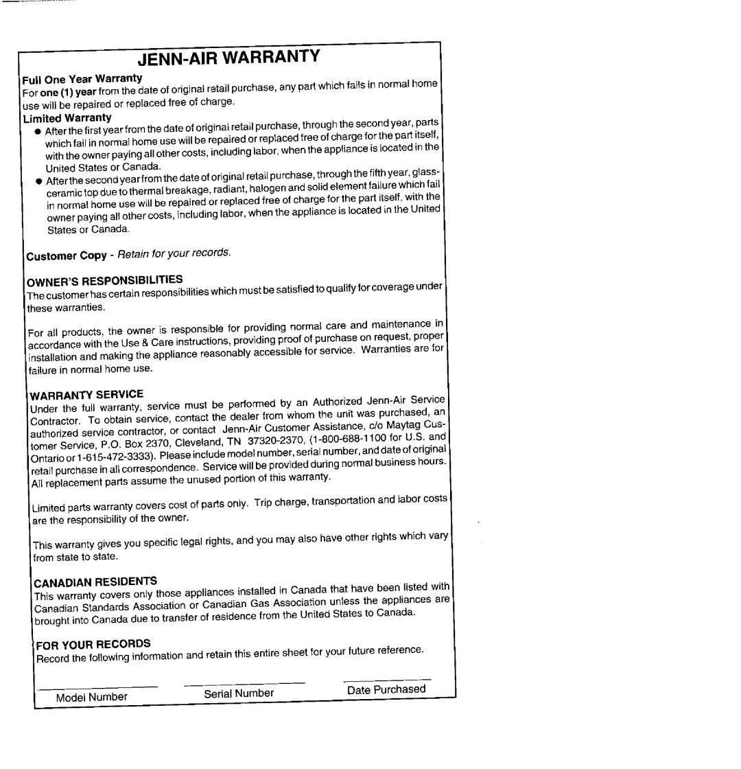 Jenn-Air AR141 manual JENN-AIR Warranty 