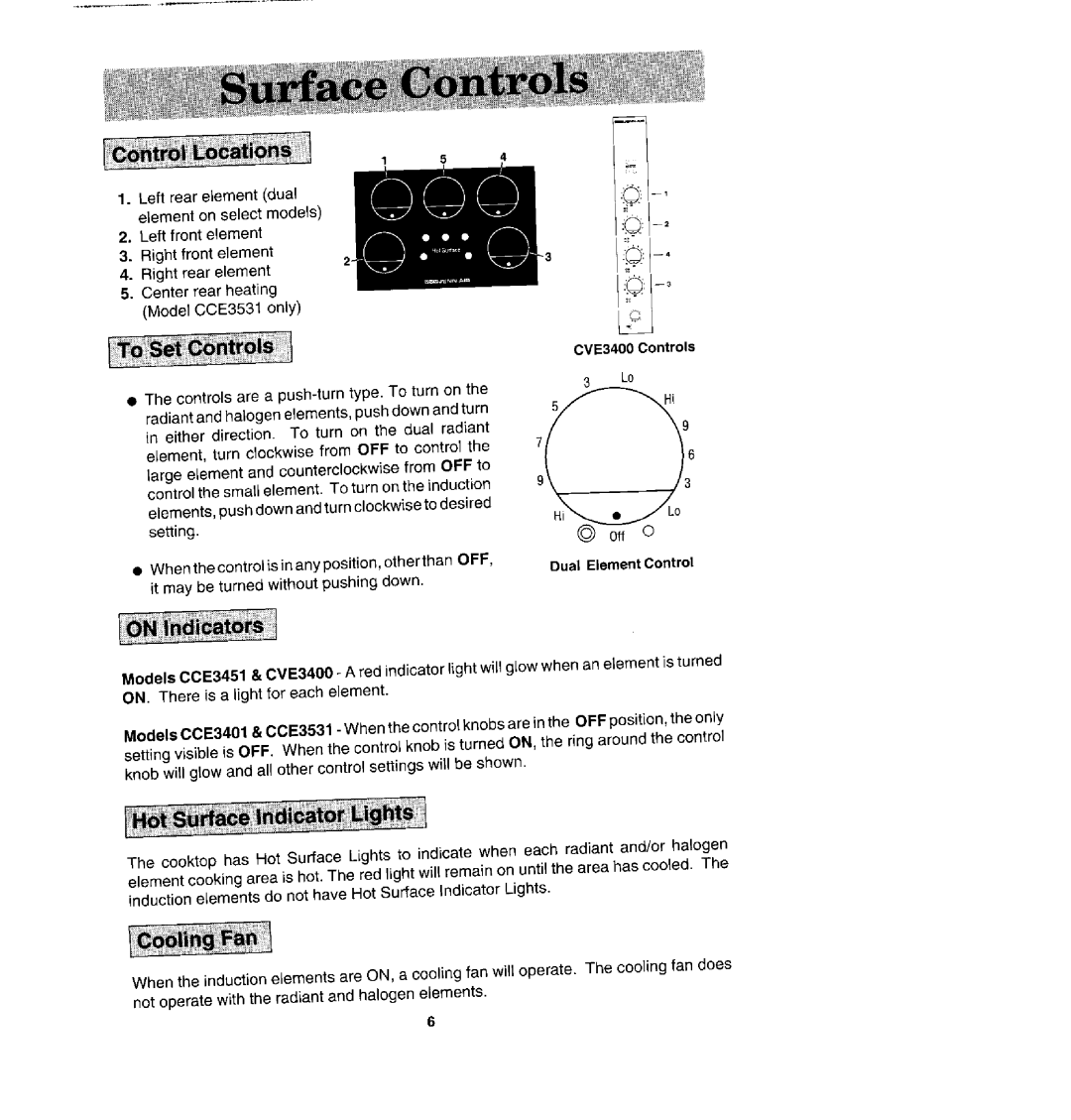 Jenn-Air CCE3531, CCE3401, CVE3400, CCE3451 manual Control s are a push-turntyp e. To turn on 