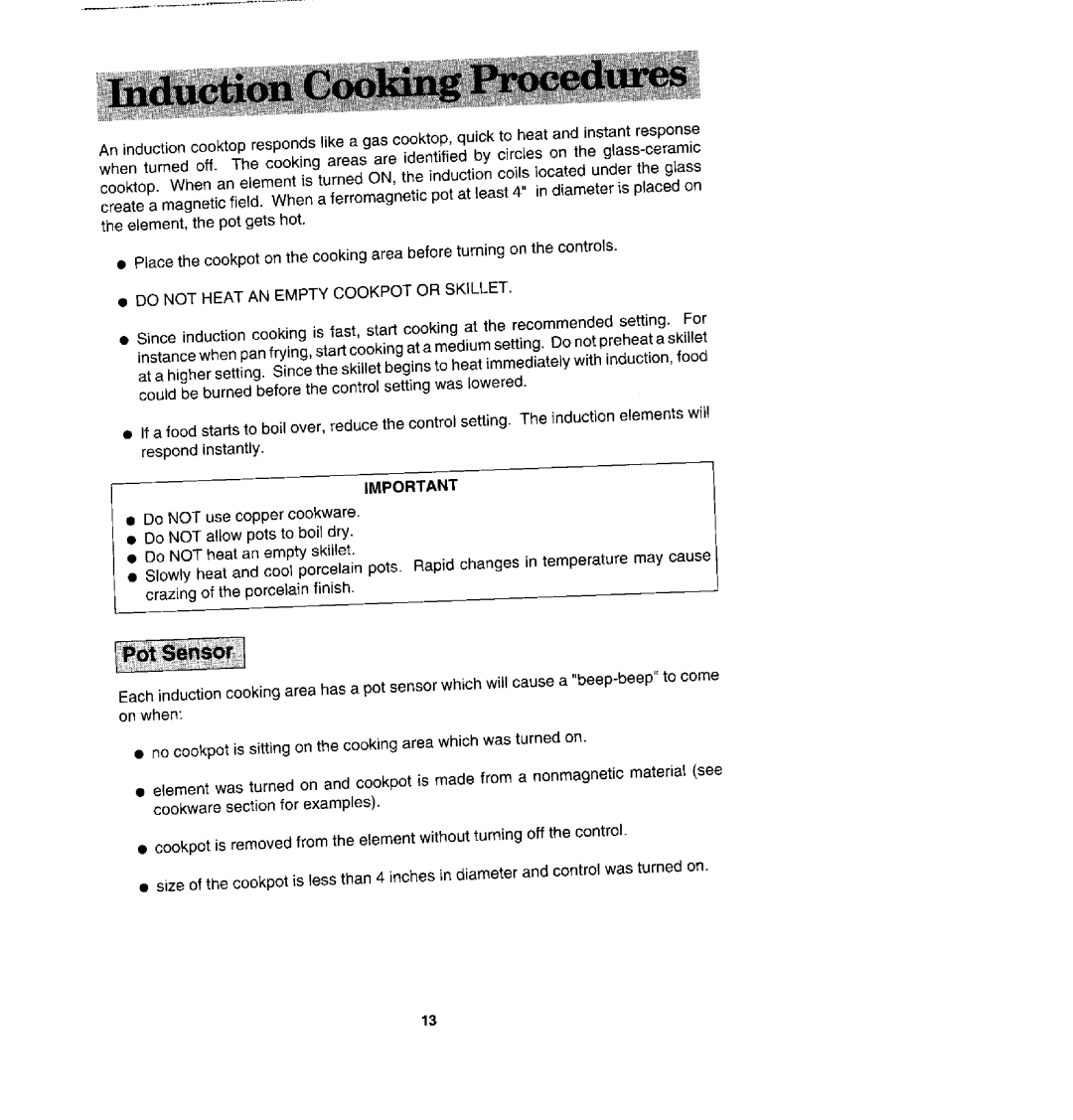Jenn-Air CVE3400, CCE3401, CCE3531, CCE3451 manual Do Not Heatan Empty Cookpotor Skillet 