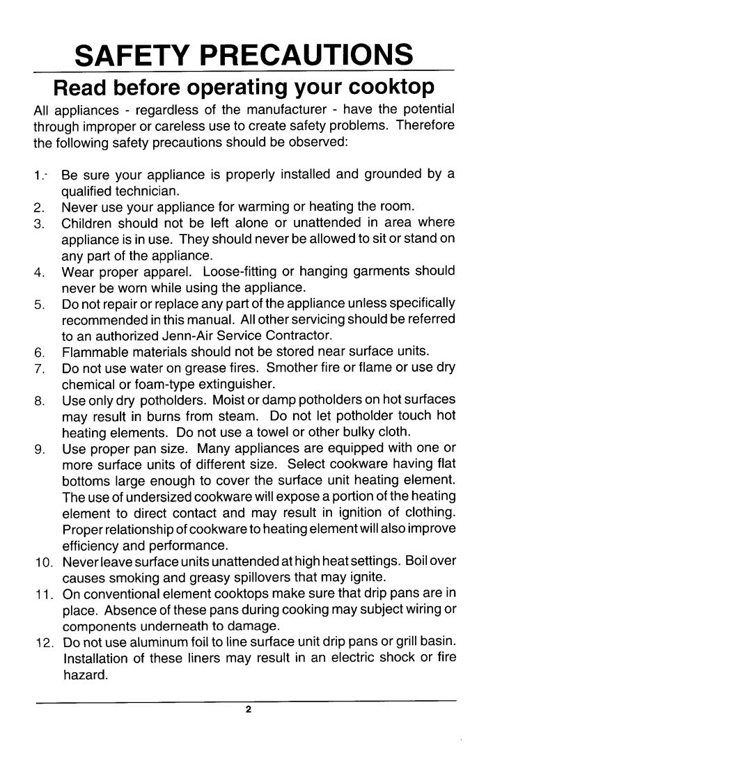 Jenn-Air CCE407, CVE407 manual Safety Precautions, Read before operating your cooktop 