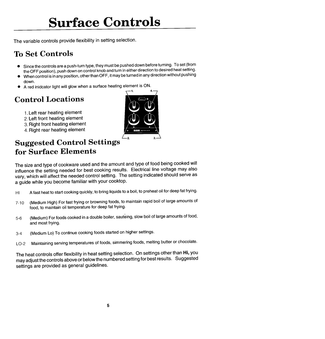 Jenn-Air CCE407 Surface Controls, To Set Controls, Control Locations, Suggested Control Settings for Surface Elements 