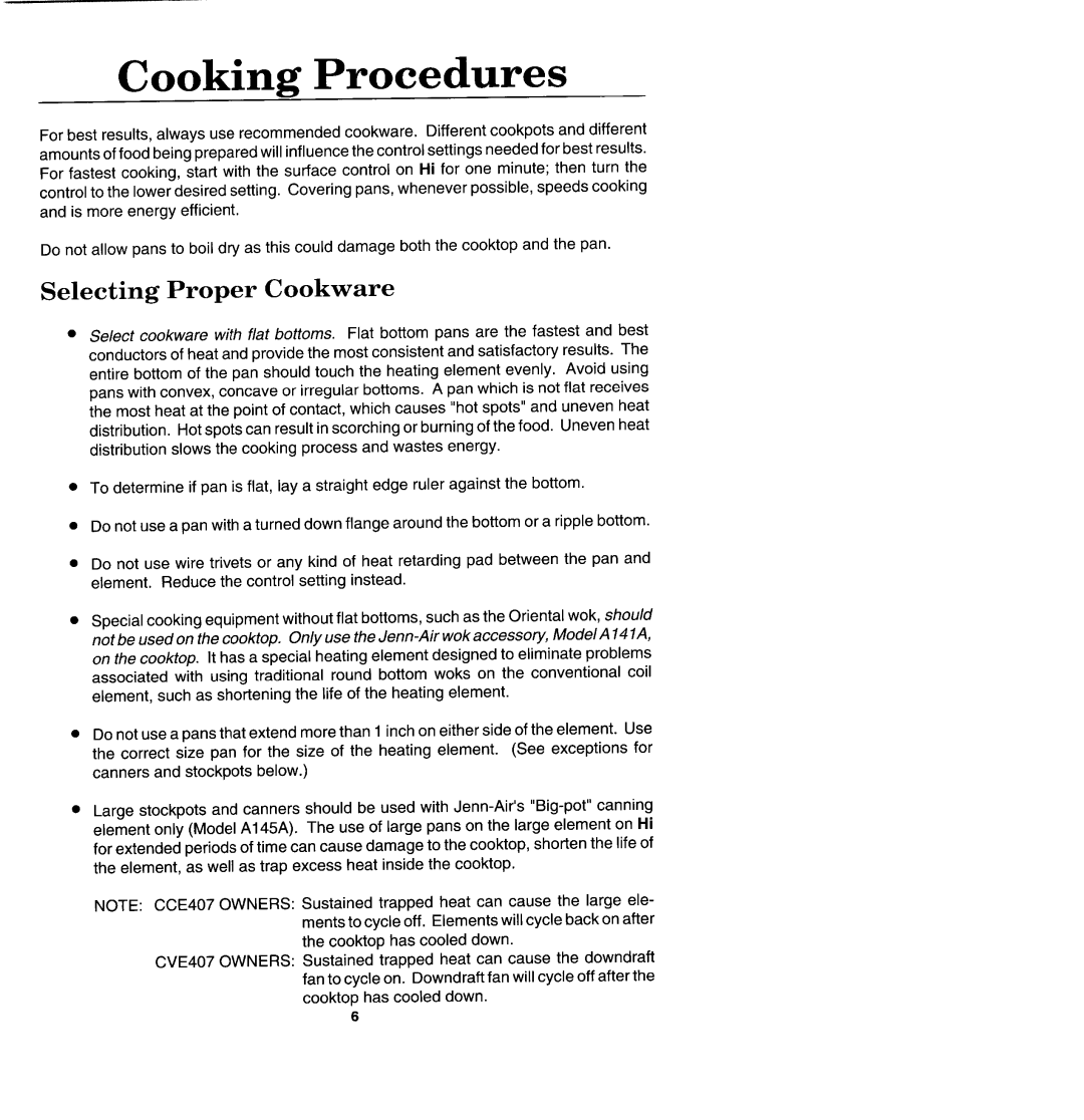 Jenn-Air CVE407, CCE407 manual Selecting Proper Cookware, Cooking Procedures 