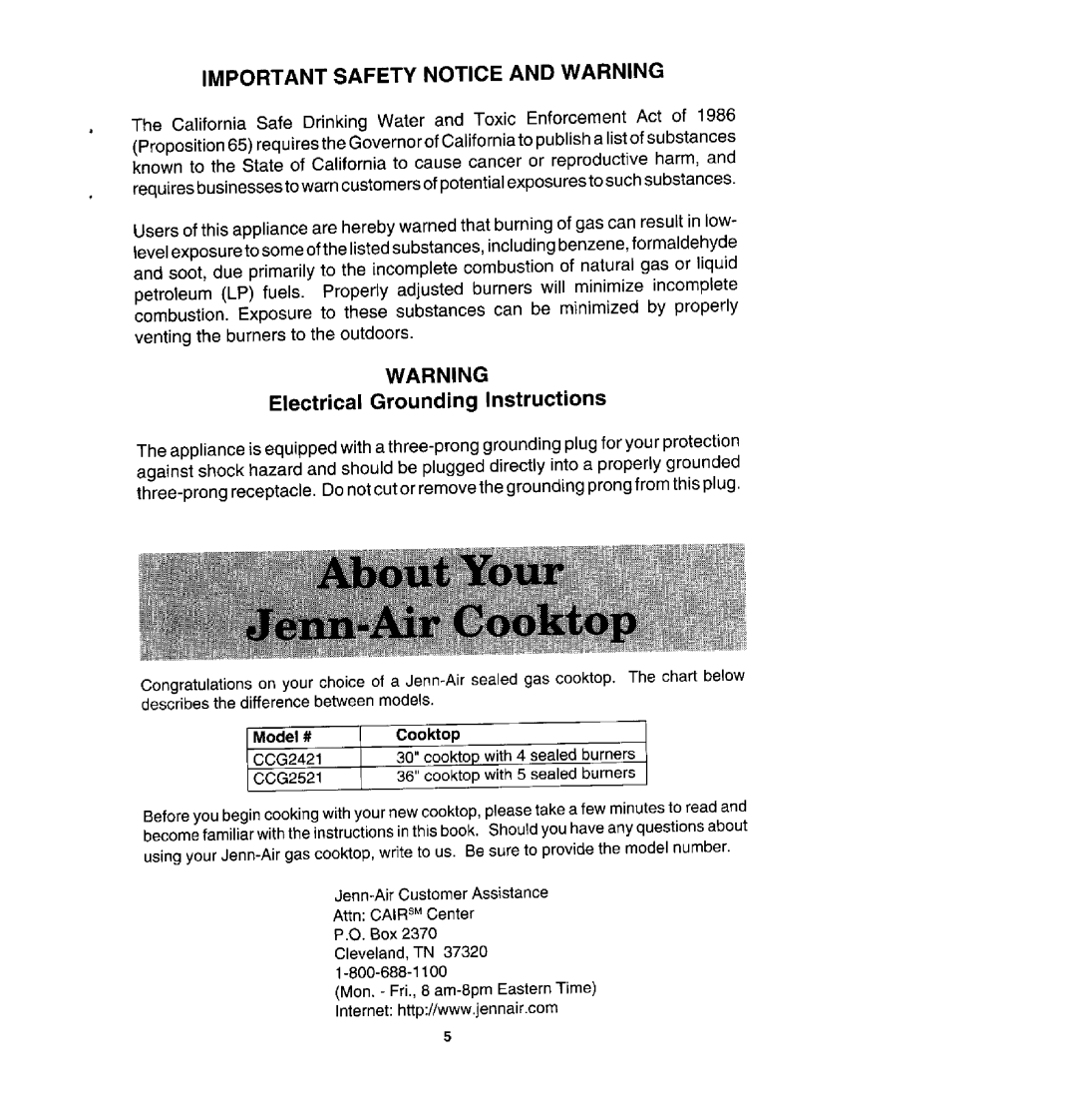 Jenn-Air CCG2521, CCG2421 manual Important Safety Notice And Warning, Electrical Grounding Instructions 