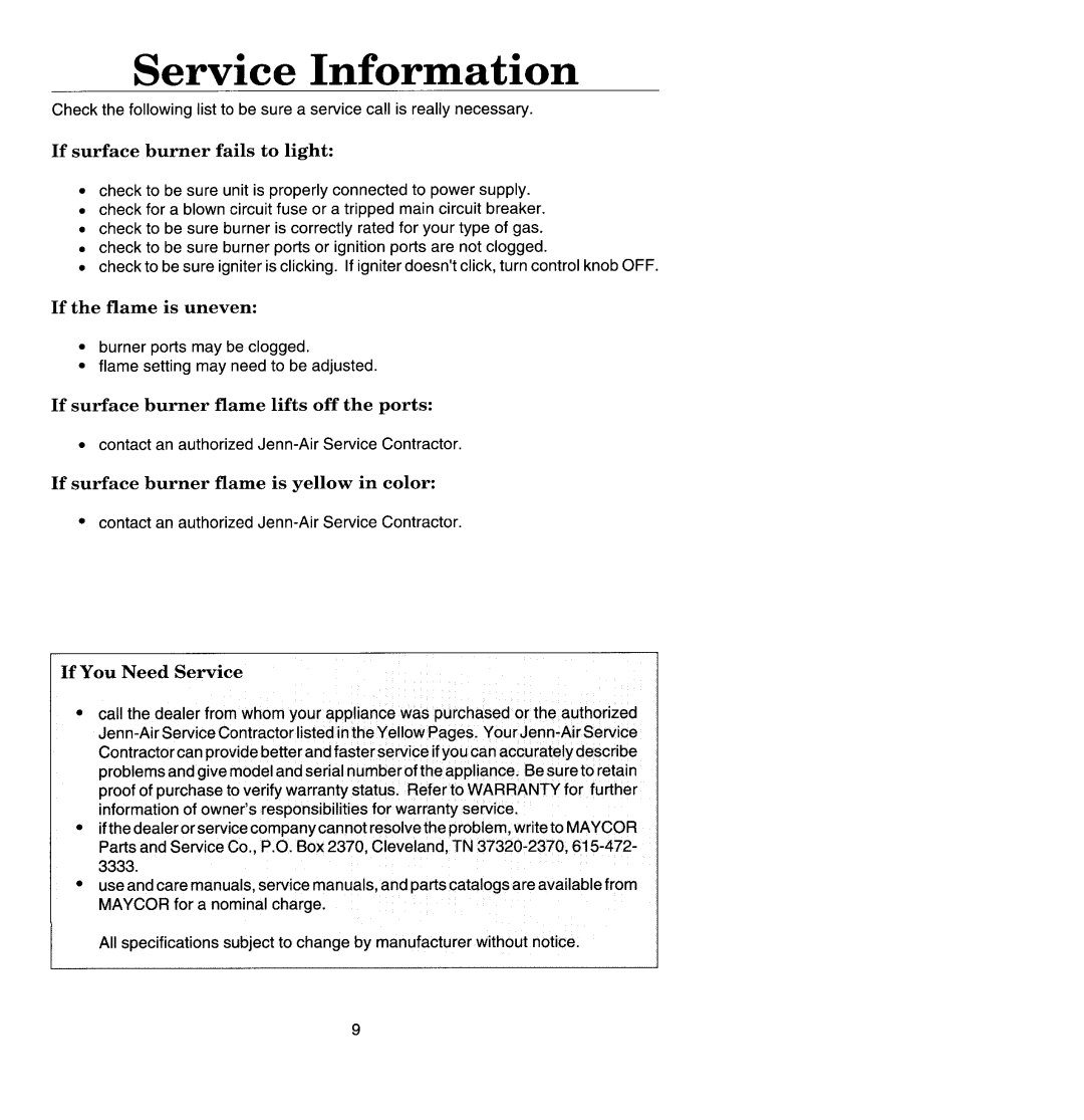 Jenn-Air CCG456 manual Service Information, If surface burner fails to light 