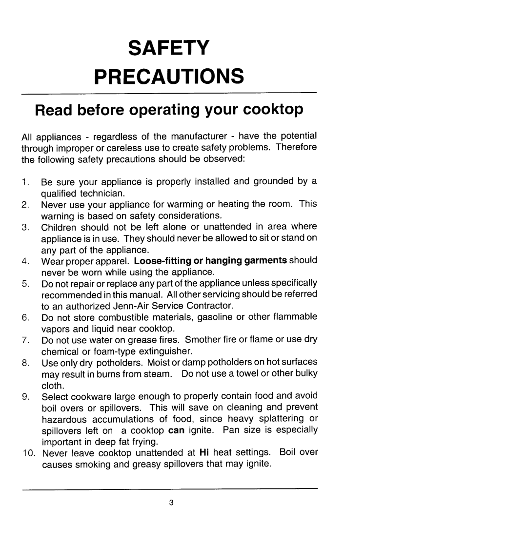 Jenn-Air CCG456 manual Safety Precautions, Read before operating your cooktop 