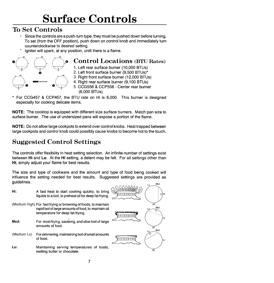 Jenn-Air CCG456 manual Surface Controls, To Set Controls, Suggested Control Settings 