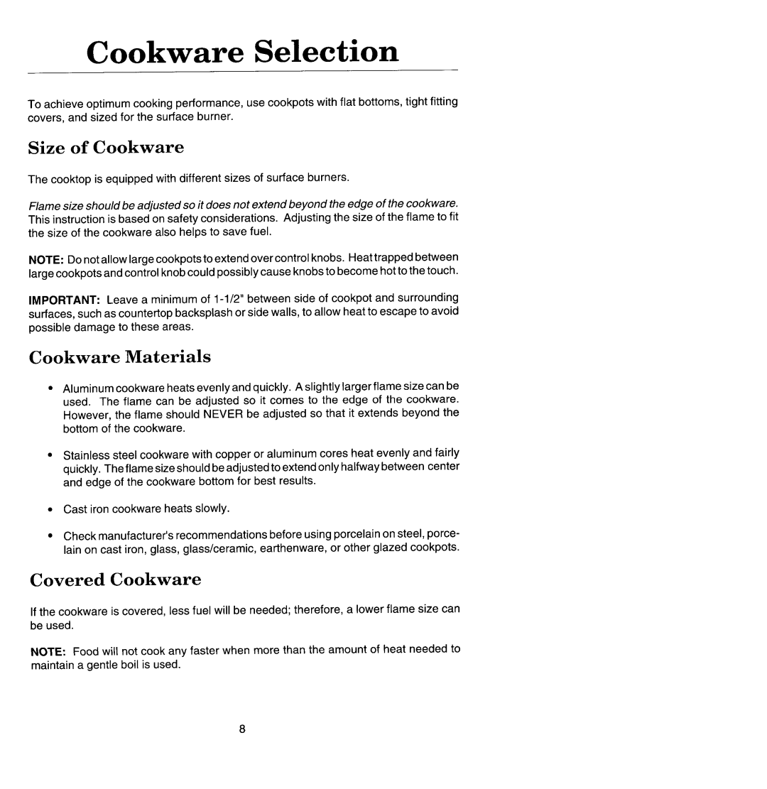 Jenn-Air CCG456 manual Cookware Selection, Size of Cookware, Cookware Materials, Covered Cookware 
