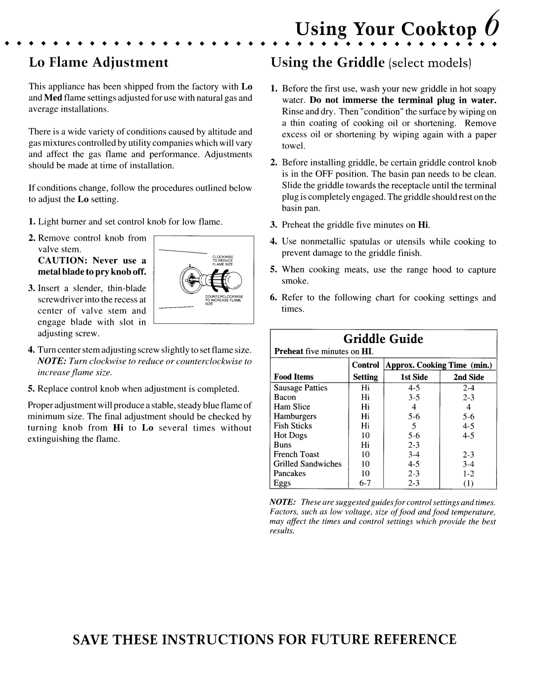 Jenn-Air CCGP2720P, CCGP2420P, CCGP2820P manual Lo Flame Adjustment, Using the Griddle select models 