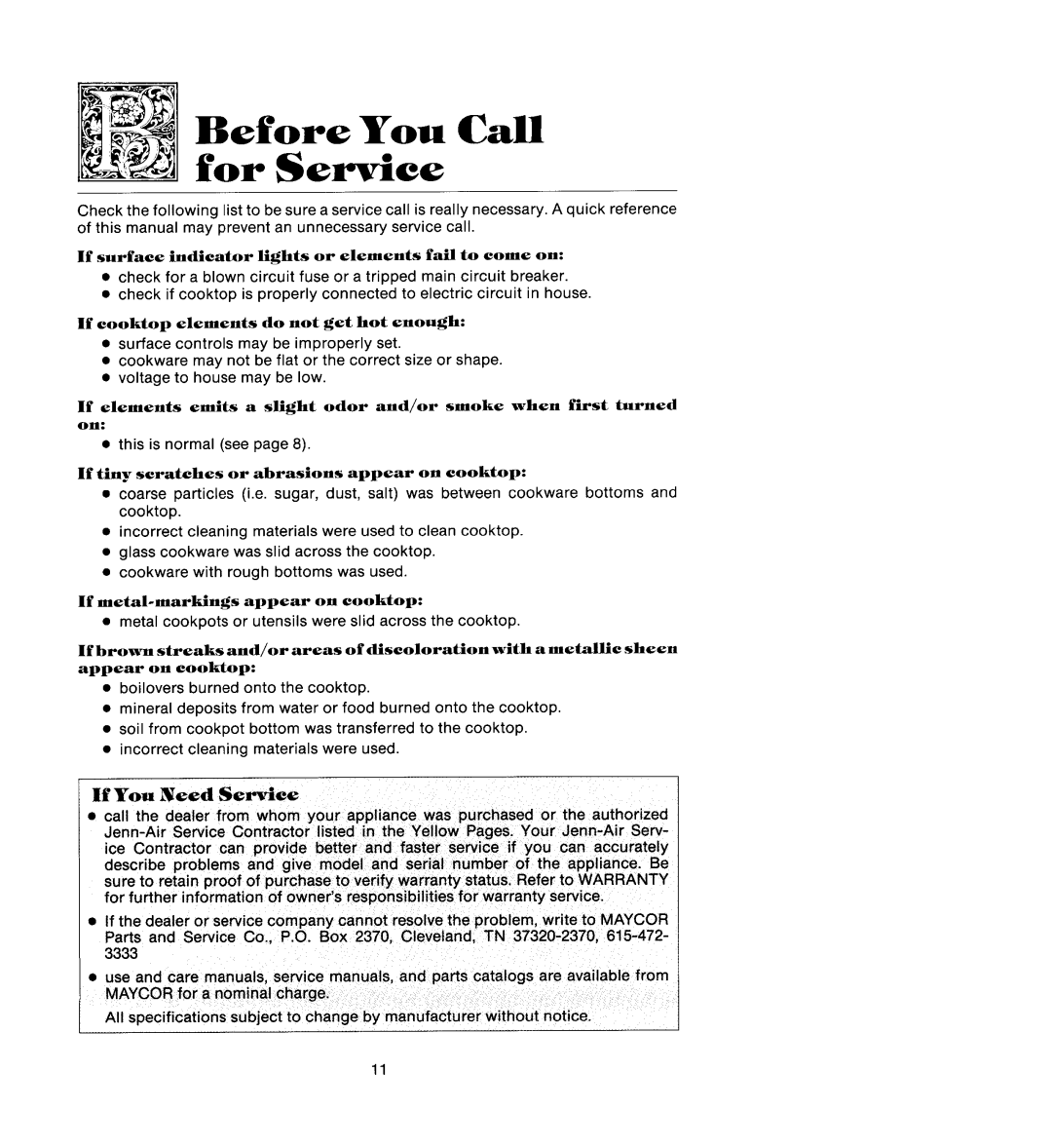 Jenn-Air CCR466B manual BeforeServiceYou Call 