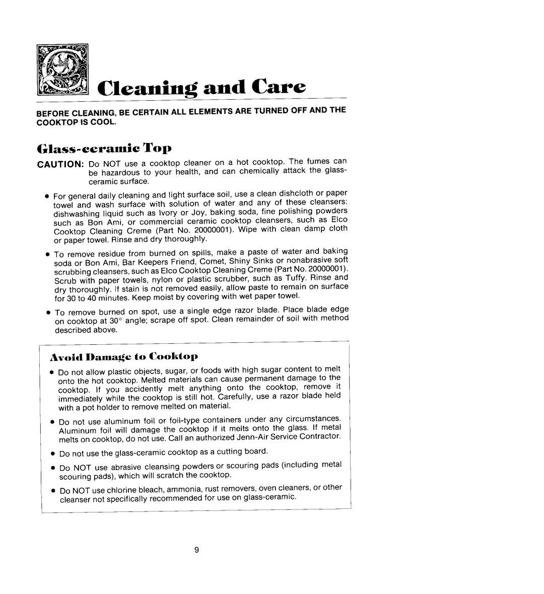 Jenn-Air CCR466B manual Cleaning and Care, Glass-ceramlc Top 