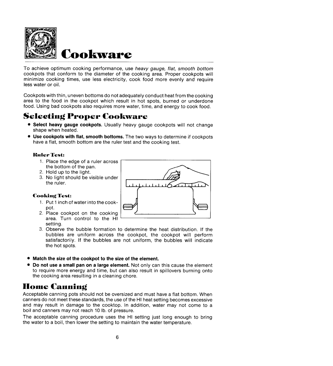 Jenn-Air CCR466B manual Selecting Proper Cookware, Home Canning, Ruler Test 