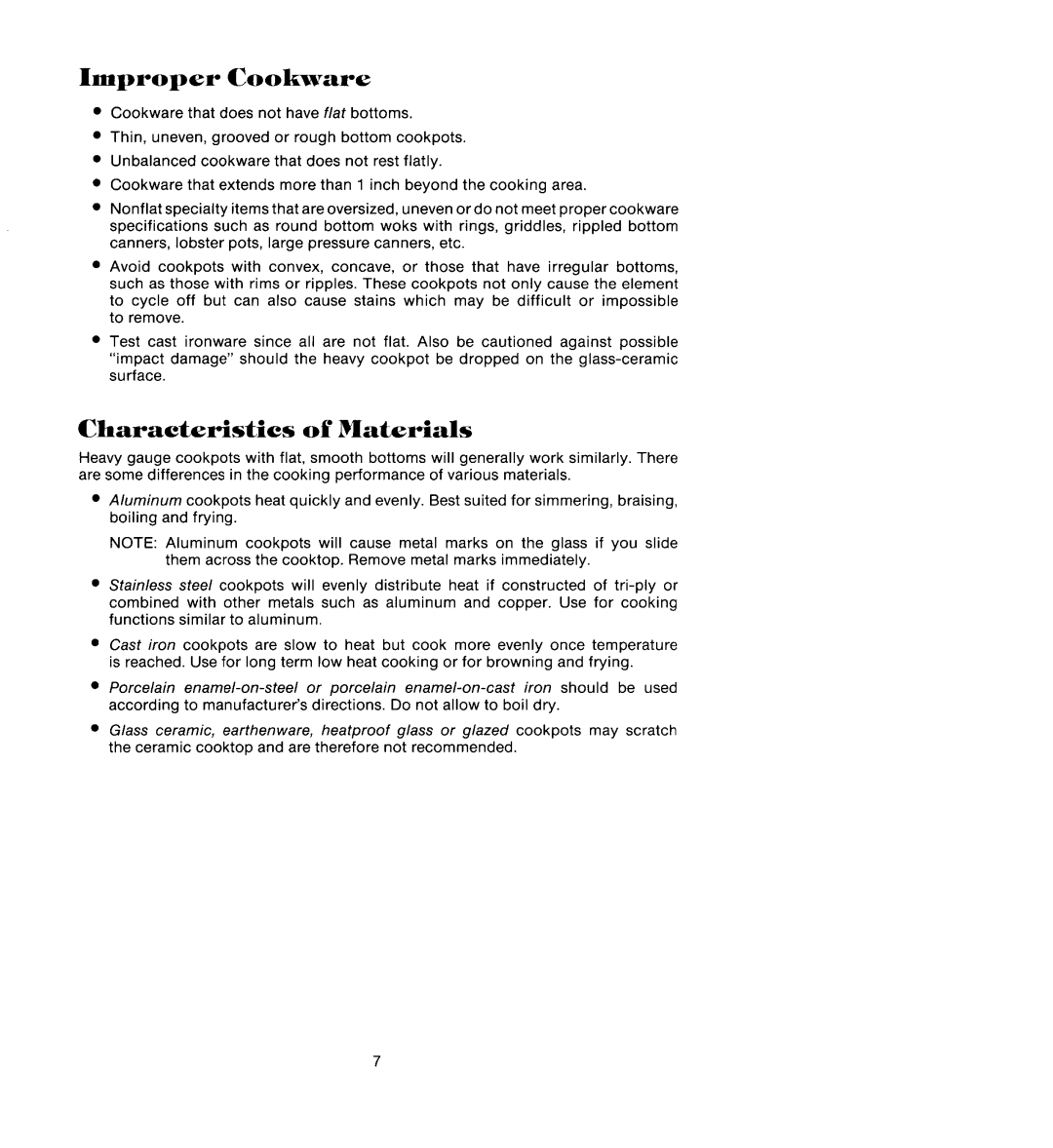 Jenn-Air CCR466B manual Improper Cookware, Characteristics of Materials 