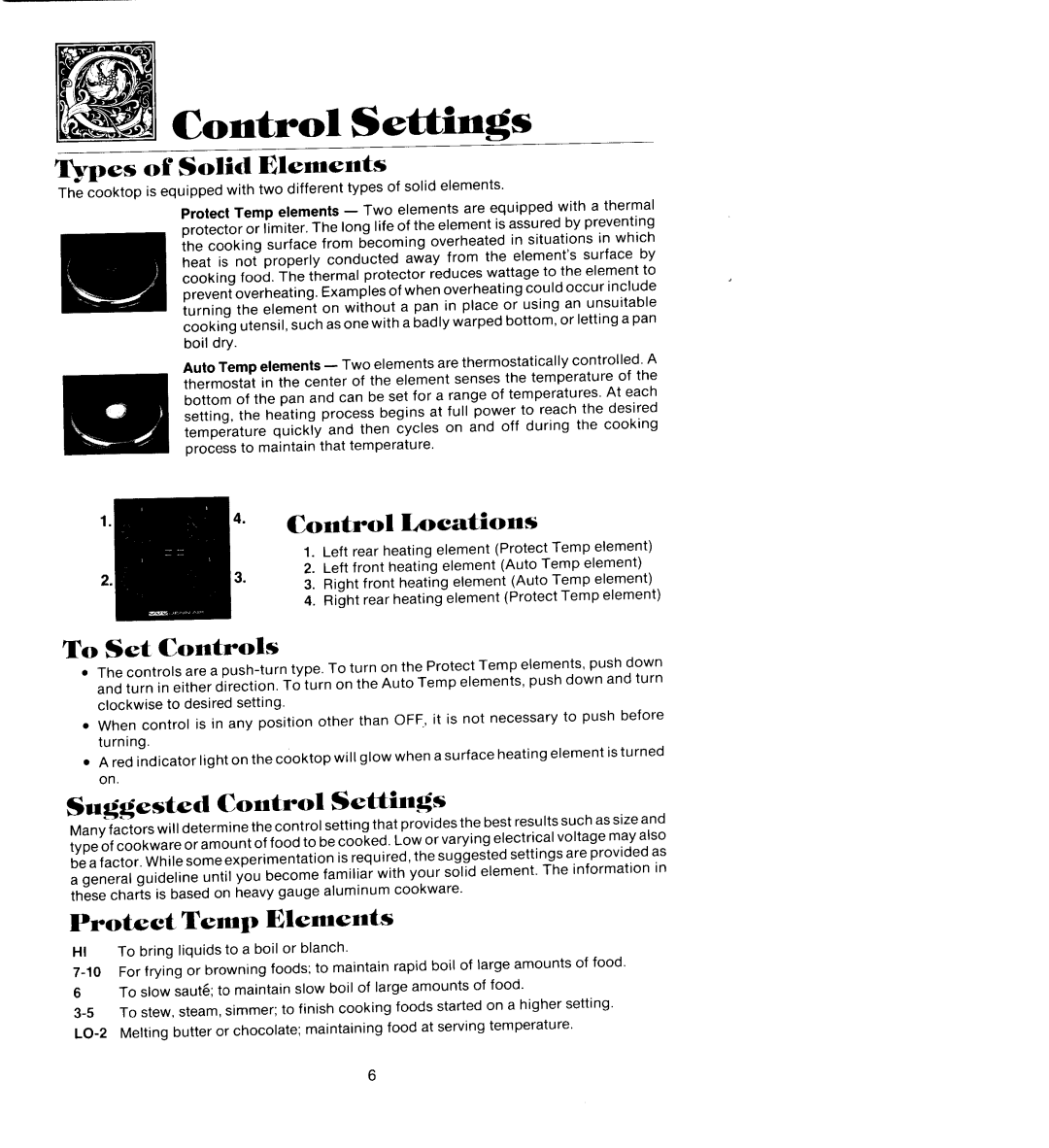 Jenn-Air CCS446 Control Settings, Control Locations, To Set Controls, Suggested Control Setthlgs, Protect Temp Elements 