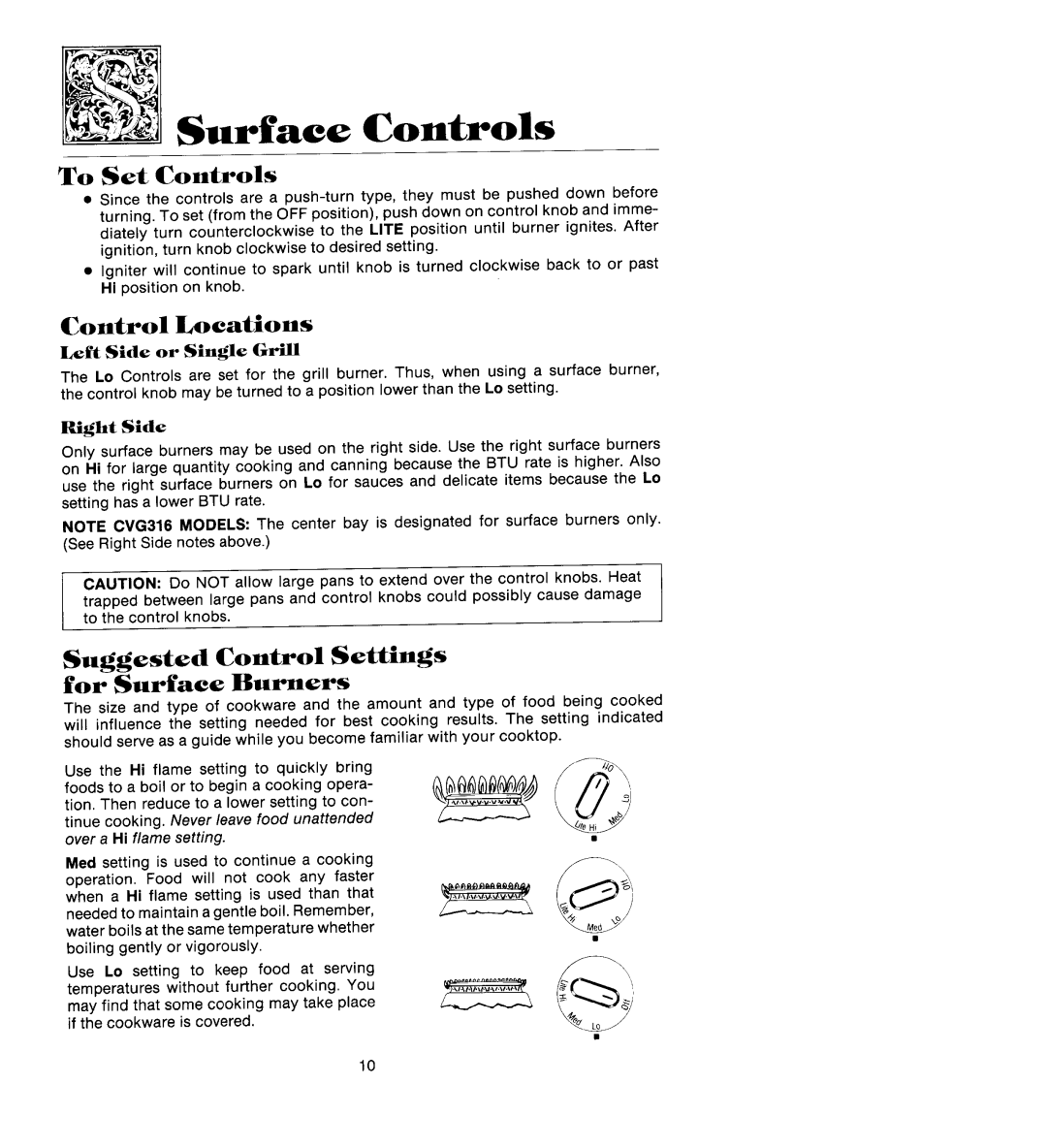 Jenn-Air CG205, CG106 Surface Controls, To Set Controls, Control Locations, Suggested Control Settings For Surface Burners 