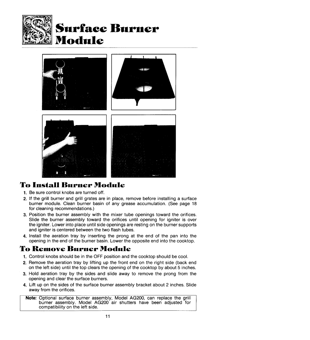 Jenn-Air CG206B, CG205, CG106, CVG316 manual ModuleSurface Burner, To Install Burner Module, To Remove Burner Module 
