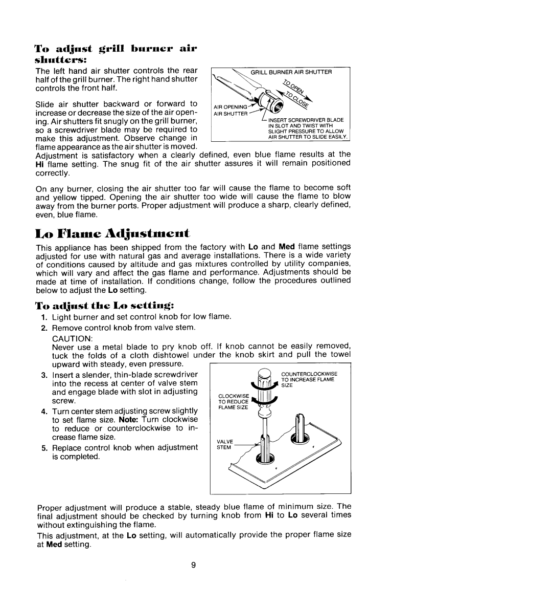 Jenn-Air CVG316, CG205, CG206B, CG106 manual Lo Flame Adjustment, Grill 