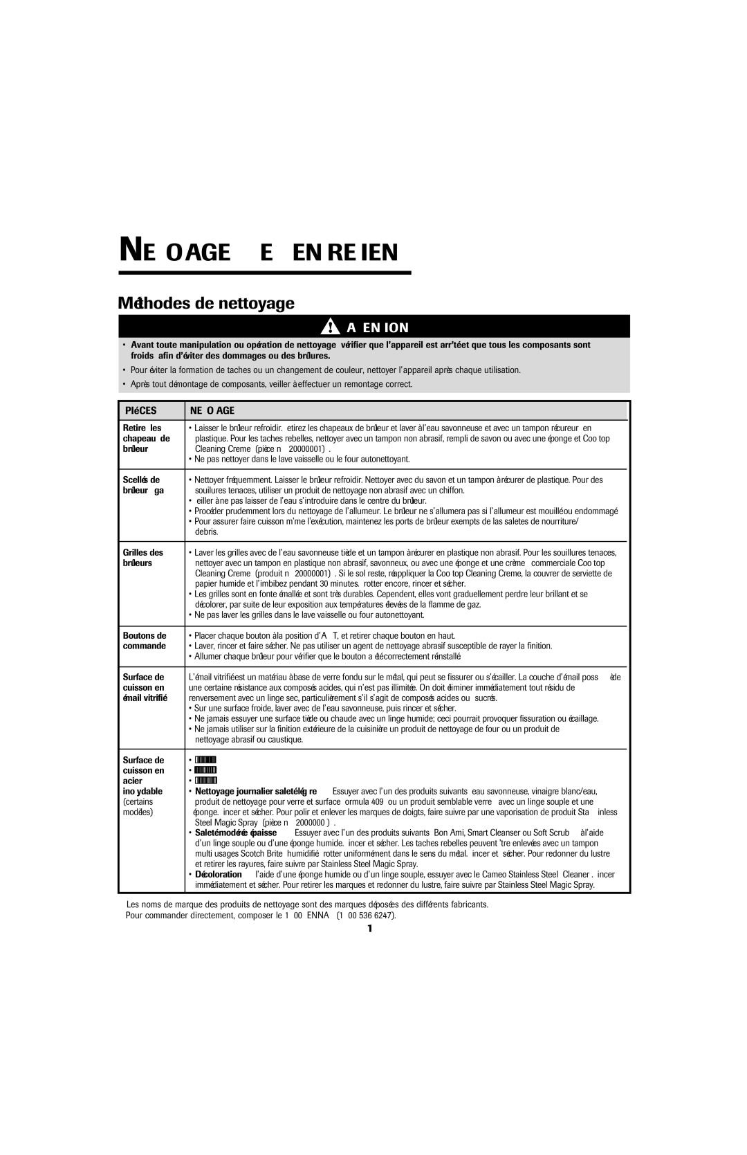 Jenn-Air Cooktop important safety instructions Nettoyage ET Entretien, Méthodes de nettoyage, Pièces Nettoyage 