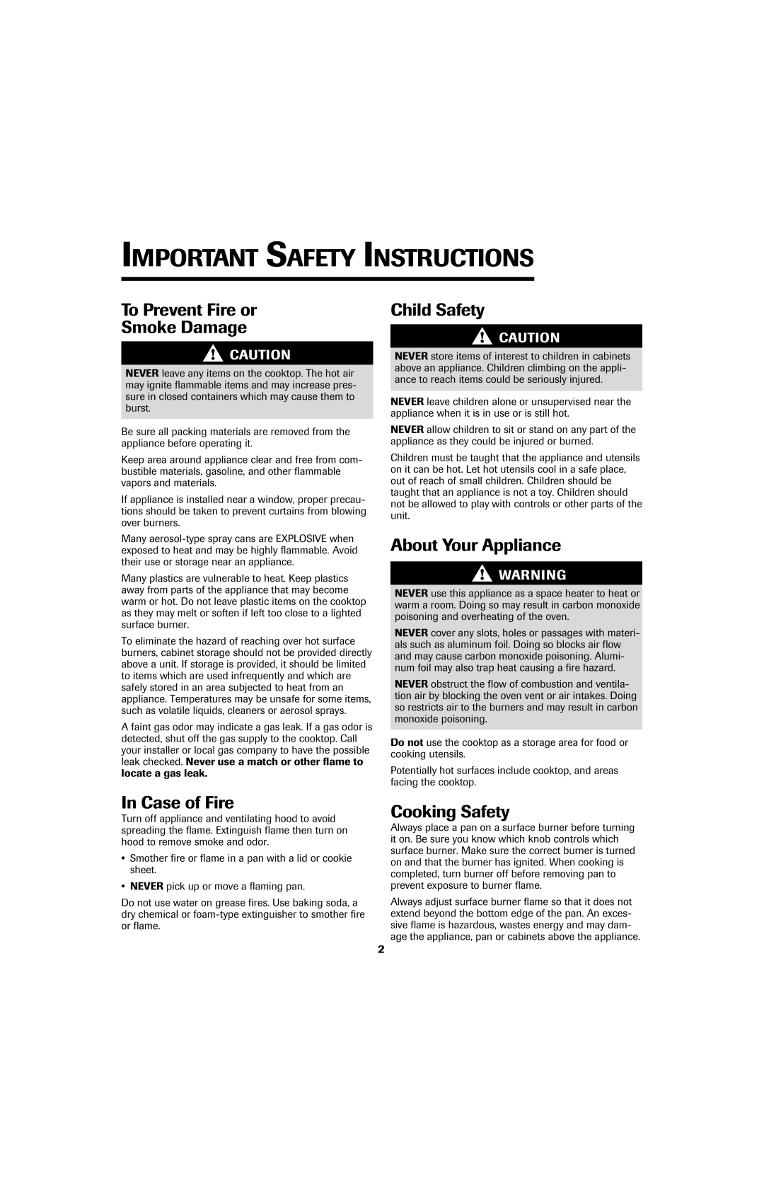 Jenn-Air Cooktop important safety instructions Important Safety Instructions 