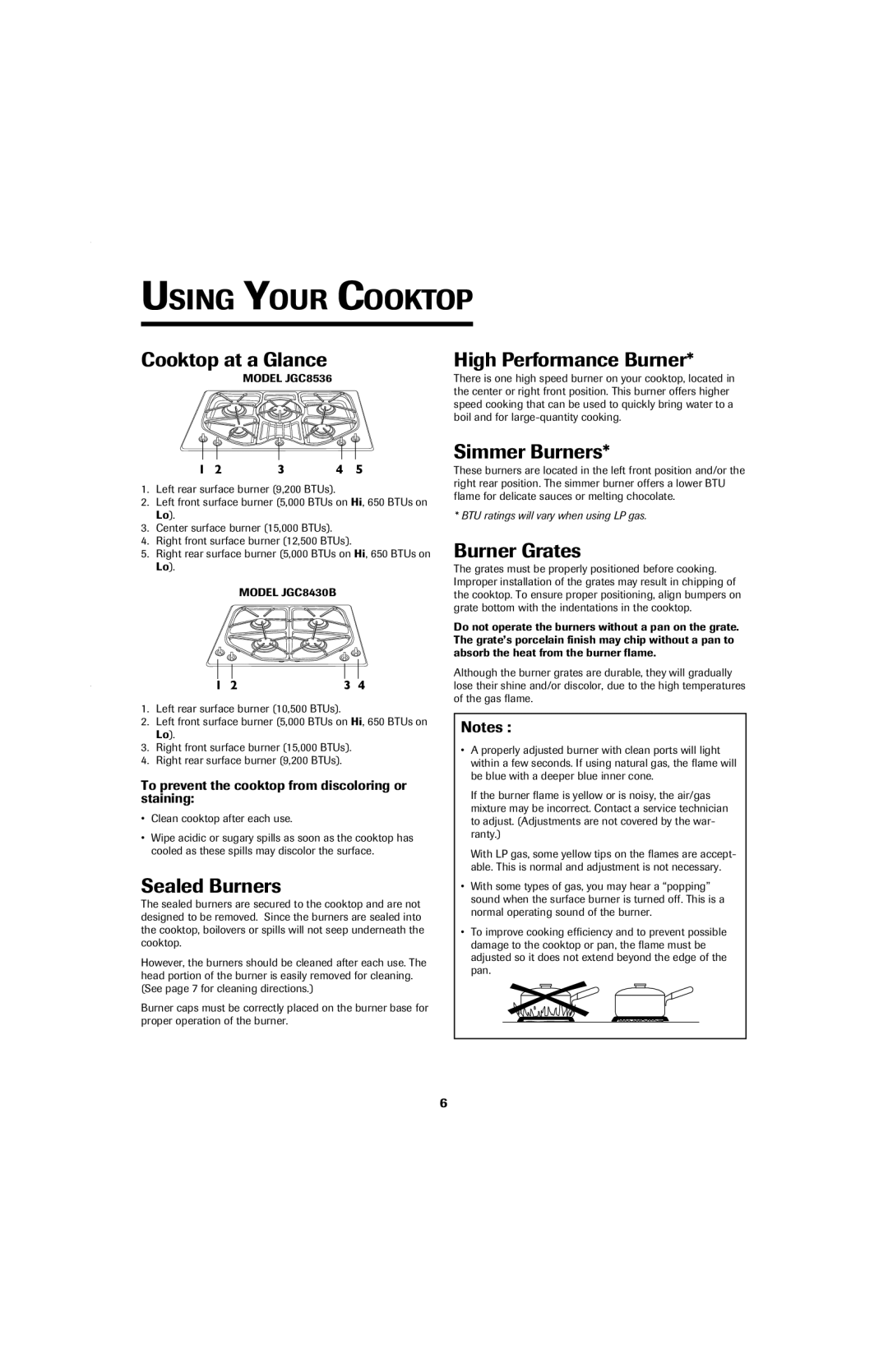 Jenn-Air Cooktop at a Glance, Sealed Burners, High Performance Burner, Simmer Burners, Burner Grates 