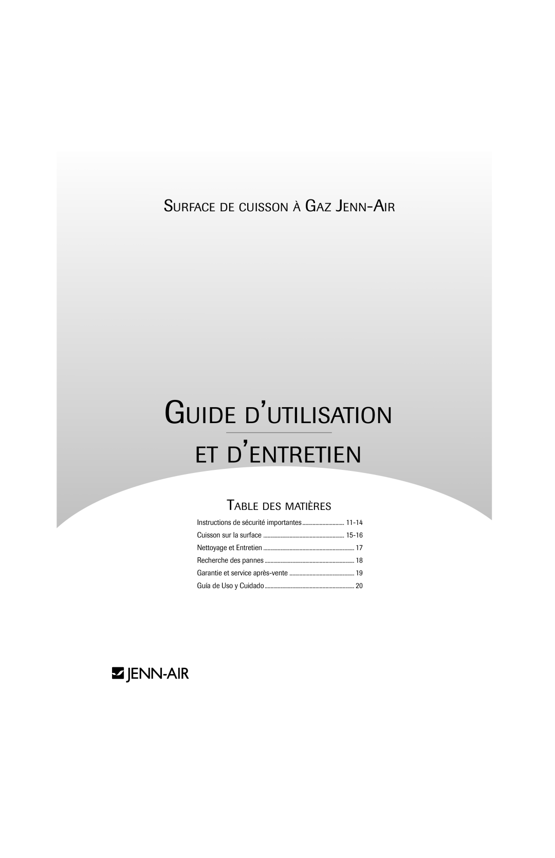 Jenn-Air Cooktop Guide D’Utilisation Et D’Entretien, Surface De Cuisson À Gaz Jenn-Air, Table Des Matières 