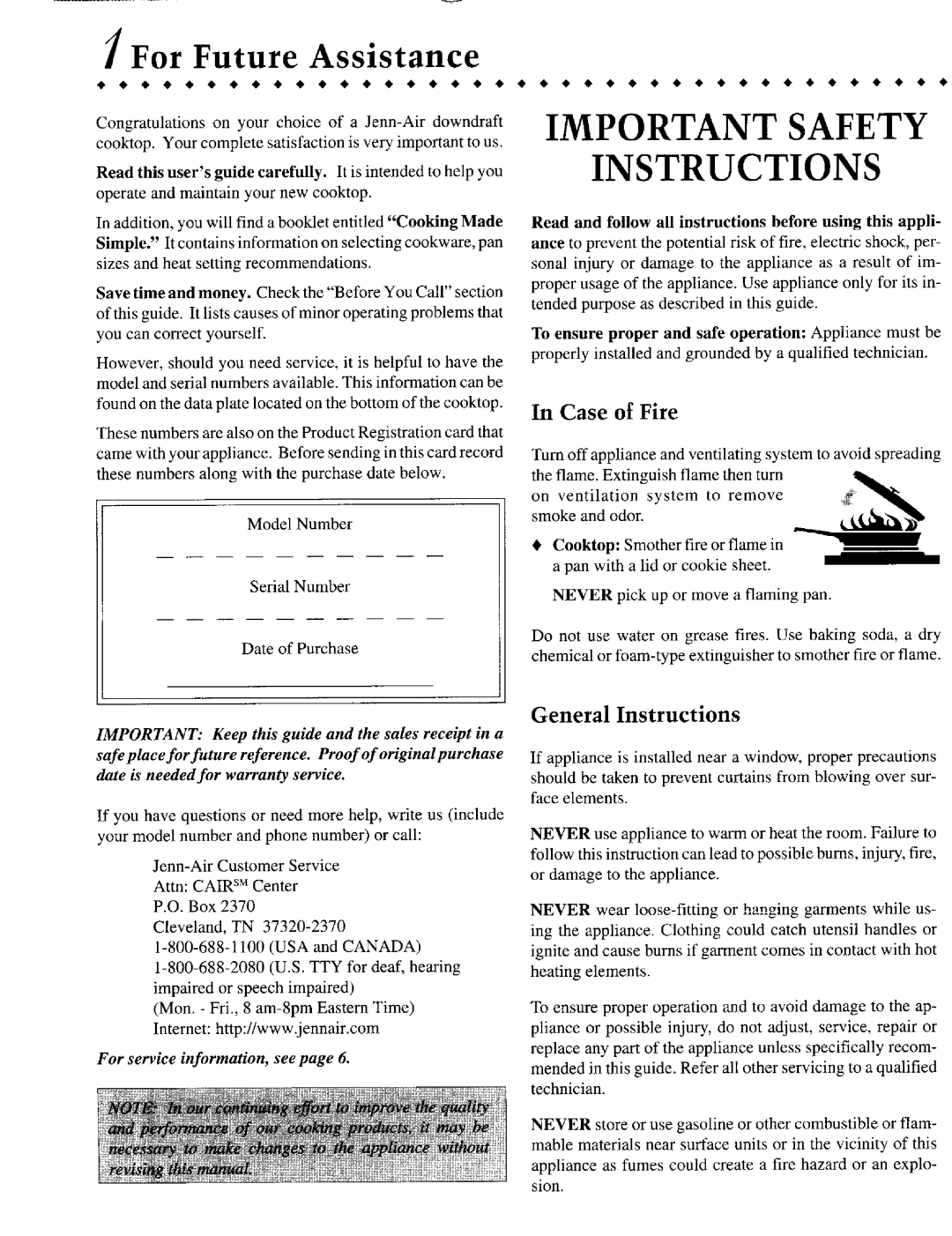 Jenn-Air CVE3401 warranty Case of Fire, General Instructions, Turnoff appliance and ventilating system to avoid spreading 