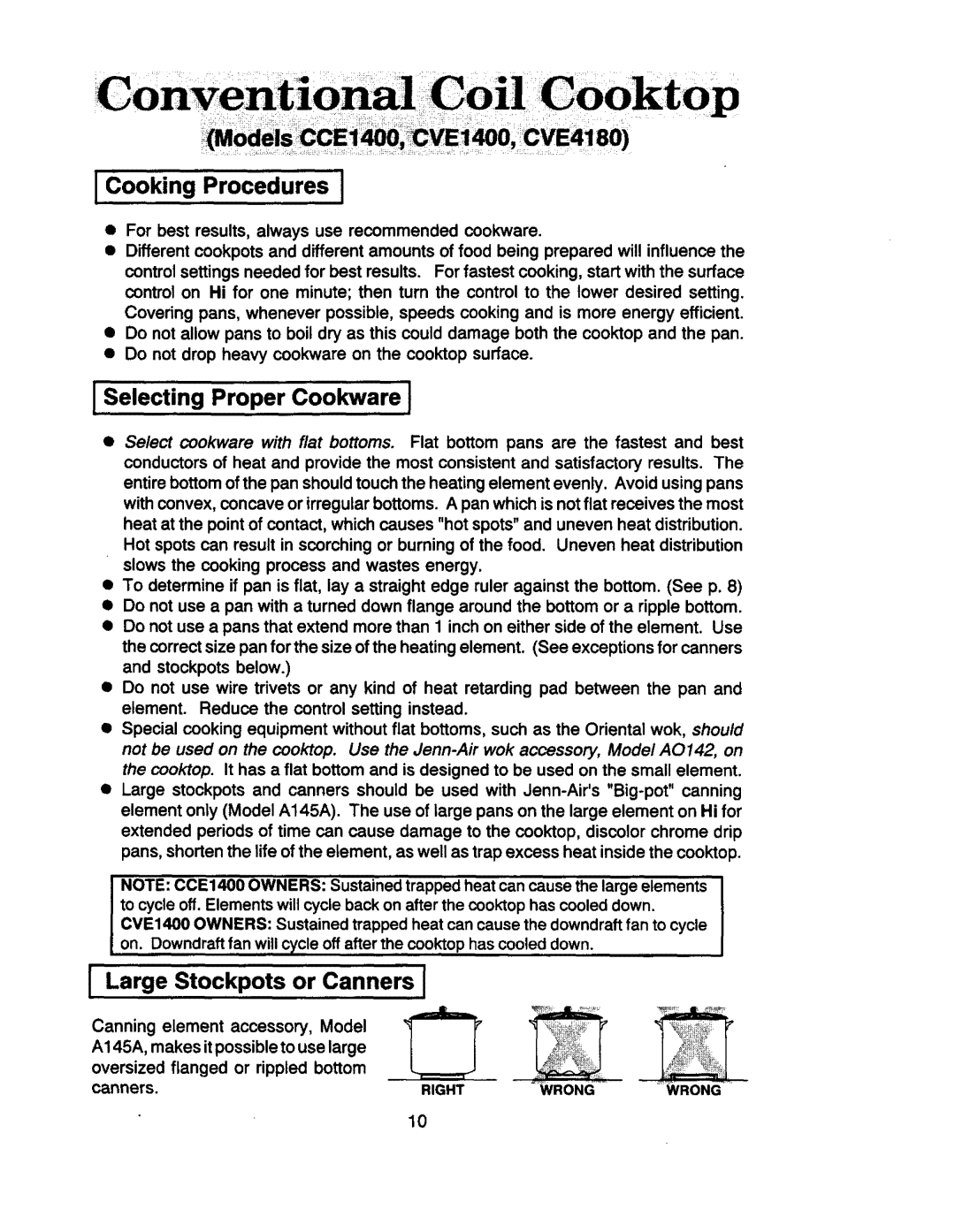 Jenn-Air CCE1400, CVE4370, CVE4180, CVE4210, CVE1400, CVE4270 manual IckingPrceduresI, Large Stockpots or Canners 