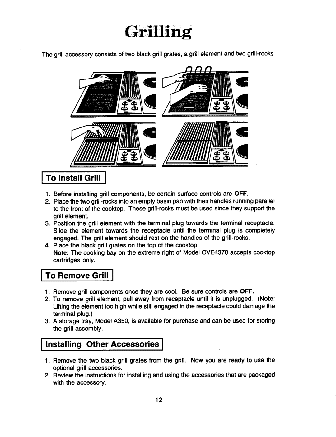 Jenn-Air CVE4370, CVE4180, CVE4210, CVE1400, CCE1400, CVE4270 To Remove Grill, To Install Grill, Installing Other Accessories 