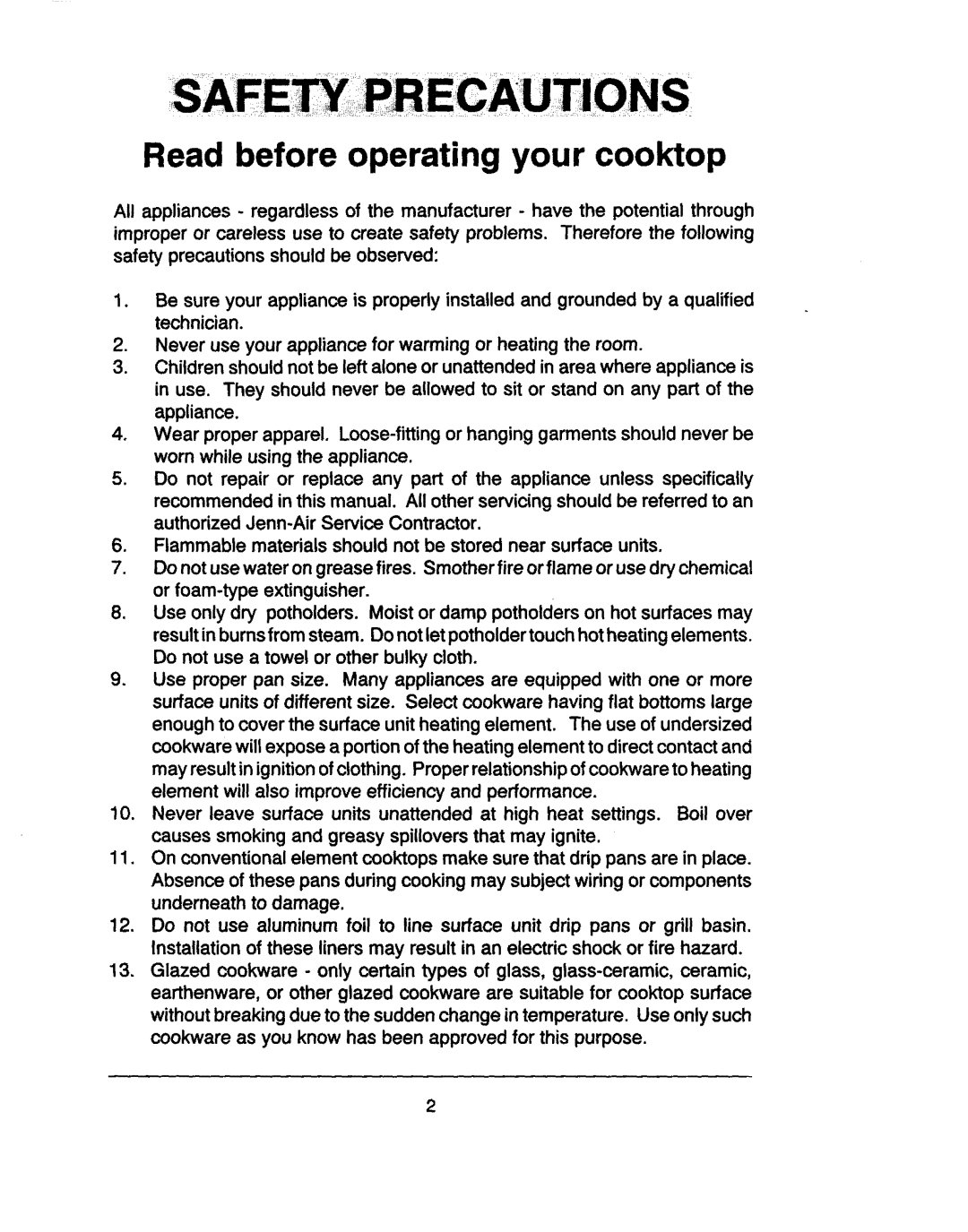 Jenn-Air CVE4210, CVE4370, CVE4180, CVE1400, CCE1400, CVE4270 manual Read before operating your cooktop 