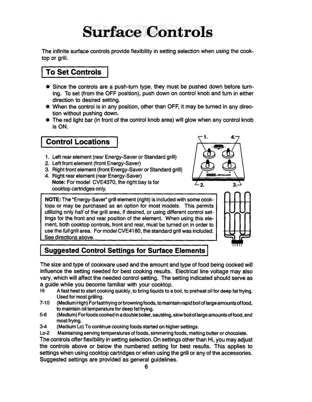 Jenn-Air CVE4370, CVE4180, CVE4210, CVE1400, CCE1400 manual To Set Control s J, Suggested Control Settings for Surface Elements 