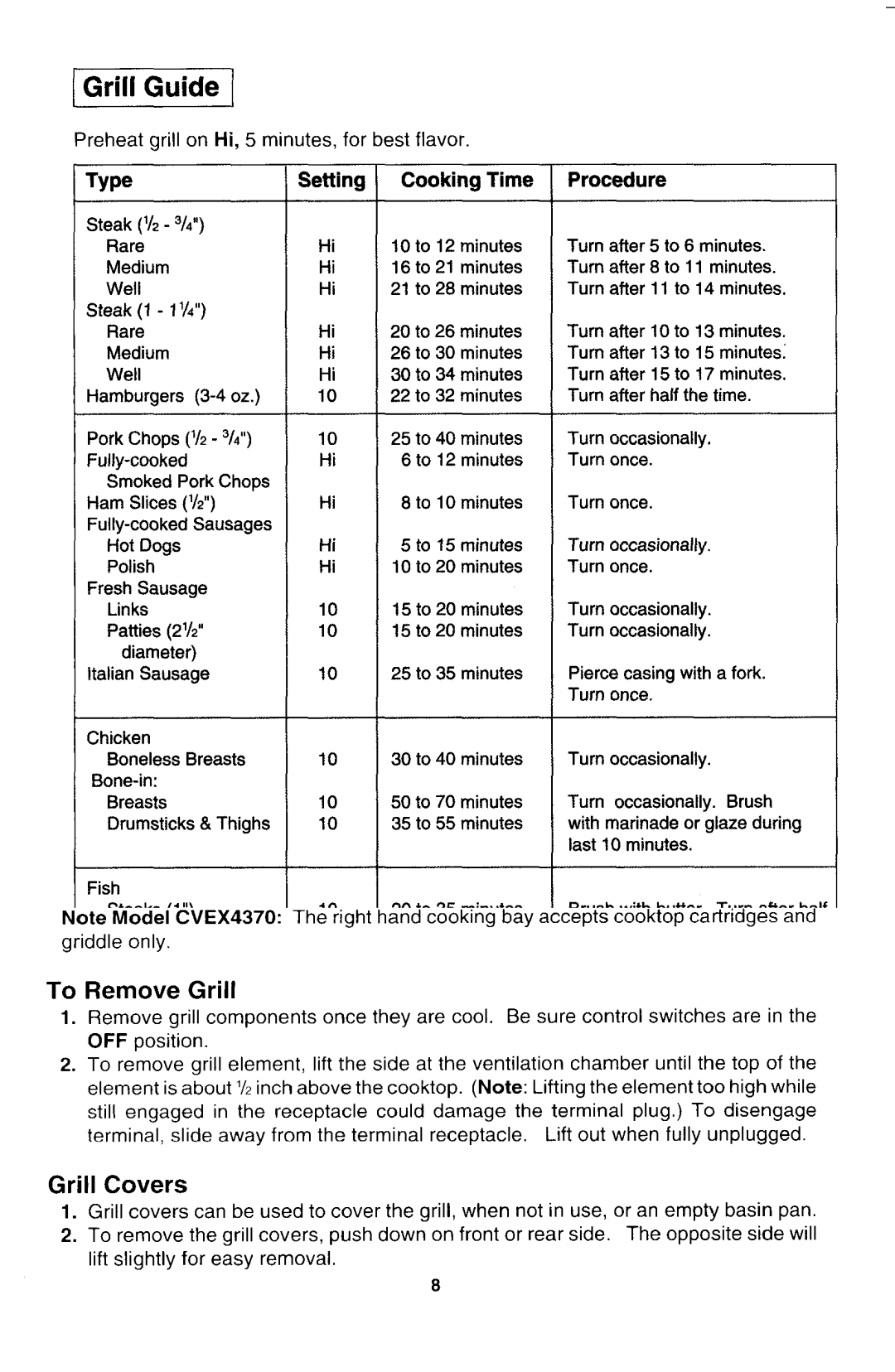 Jenn-Air CVEX4100, CVEX4270, CVEX4370 manual 1Grill Guide, Type, Setting Cooking Time Procedure 