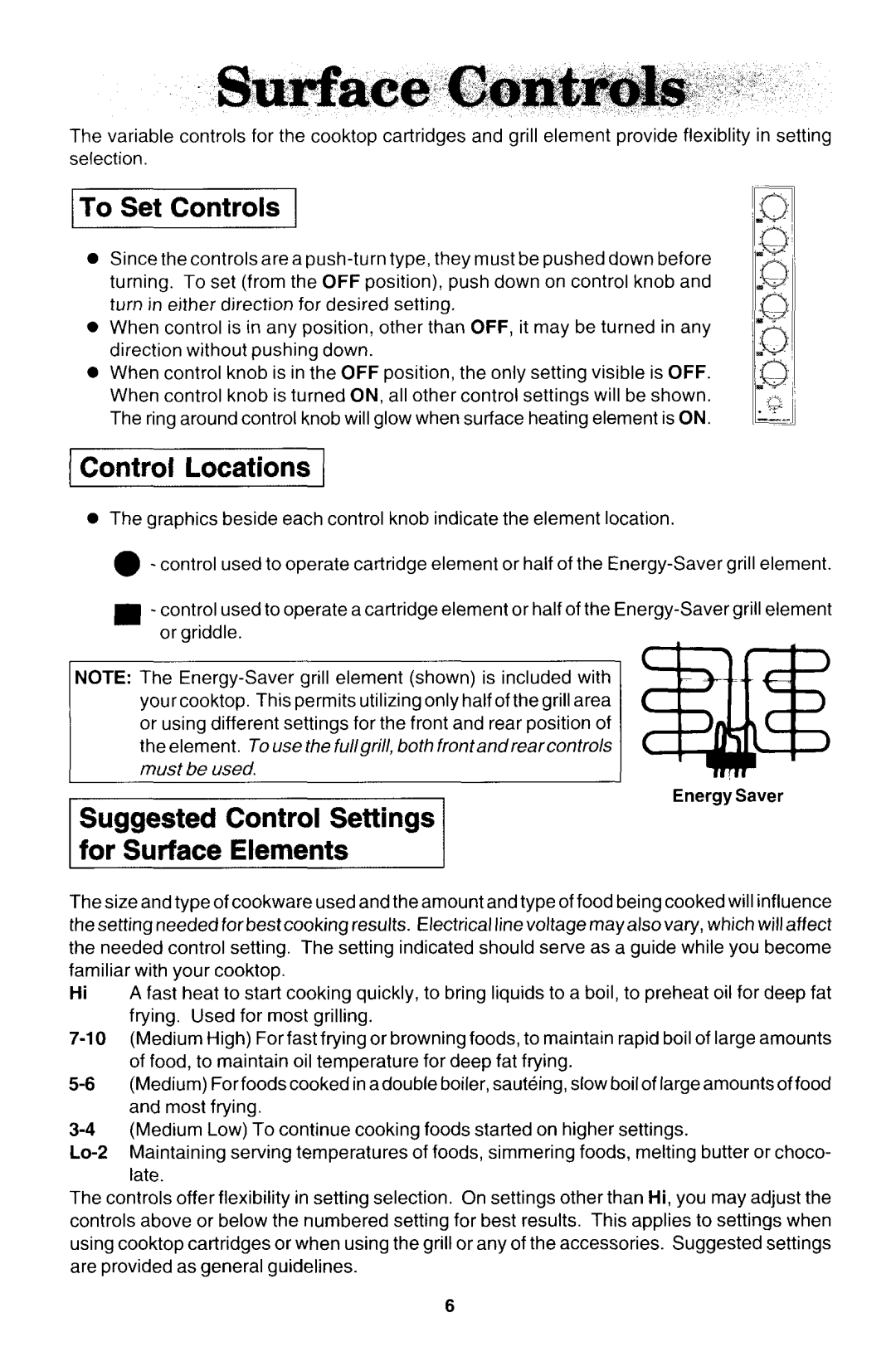 Jenn-Air CVEX4270, CVEX4100, CVEX4370 To Set Controls, Control Locations, Suggested Control Settings for Surface Elements 