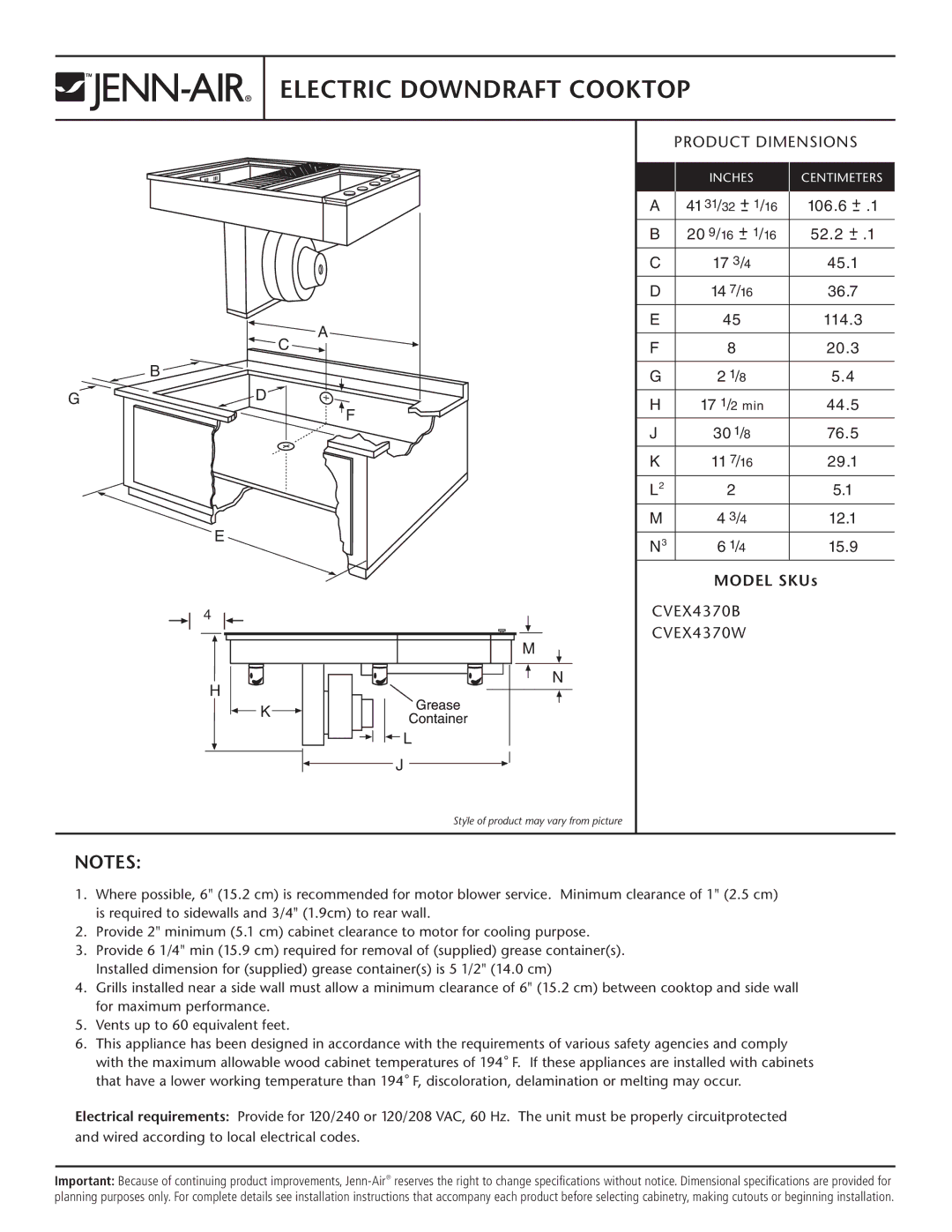 Jenn-Air dimensions Electric Downdraft Cooktop, Product Dimensions, Model SKUs, CVEX4370B CVEX4370W 