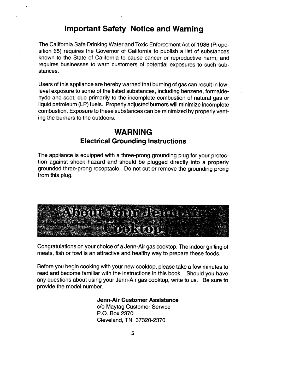 Jenn-Air JGD8348 manual Important Safety Notice and Warning, Electrical Grounding Instructions, Jenn-AirCustomer Assistance 