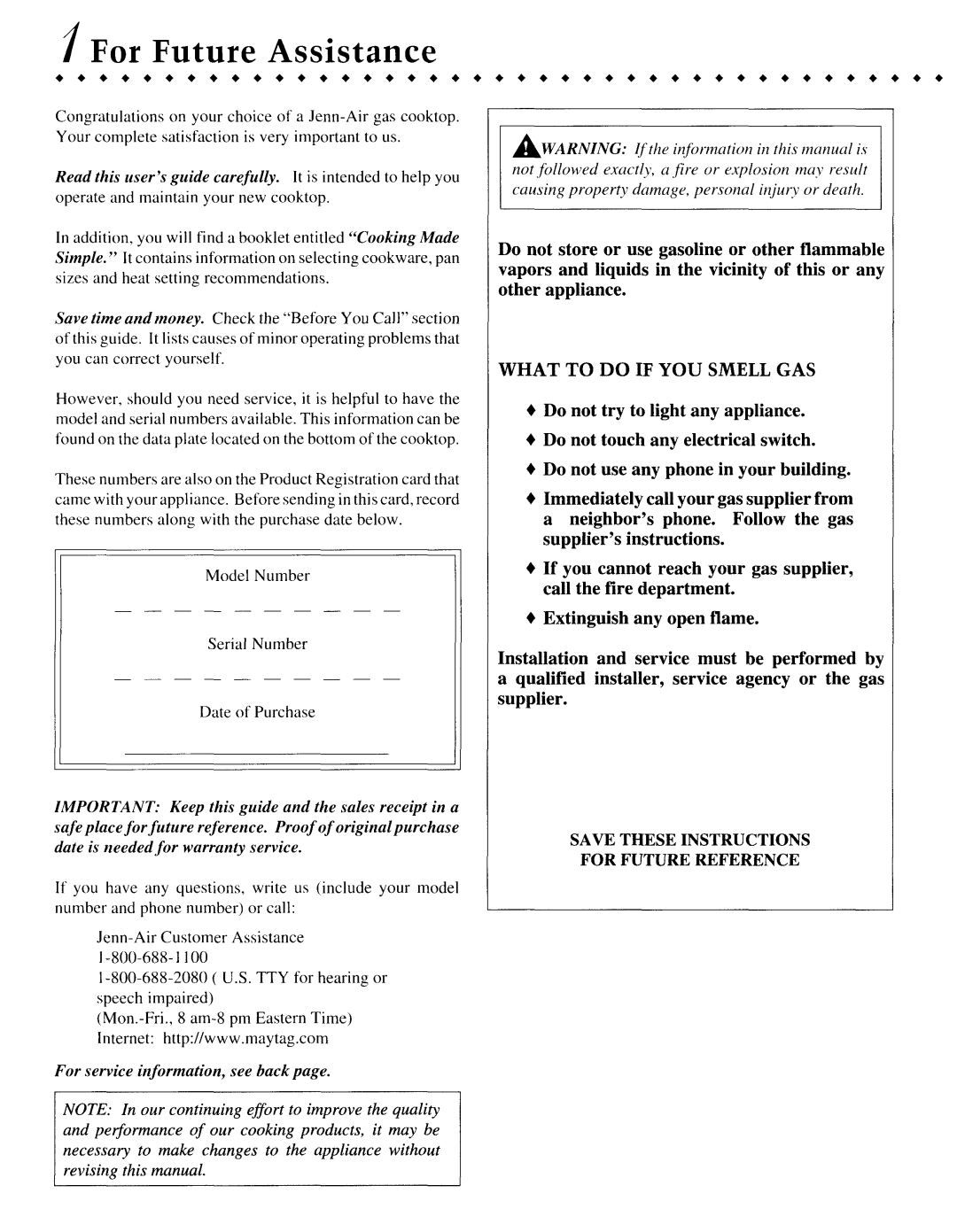 Jenn-Air CVGX2423 manual For Future Assistance, What to do if YOU Smell GAS 