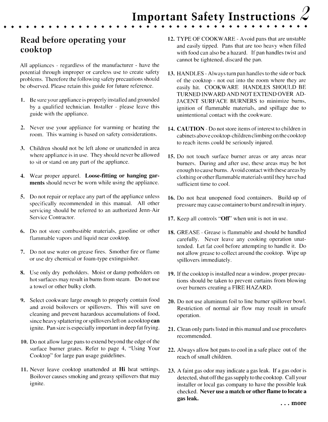 Jenn-Air CVGX2423 manual Read before operating your cooktop, Keep all controls Off’ when unit is not in use, Gas leak More 