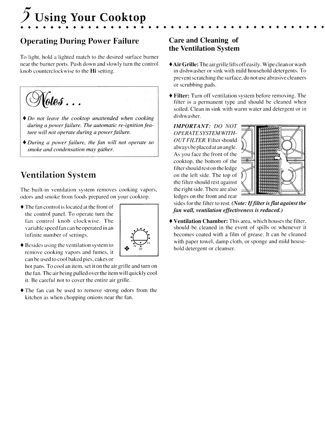 Jenn-Air CVGX2423 manual Using Your Cooktop, Operating During Power Failure, Ventilation System 